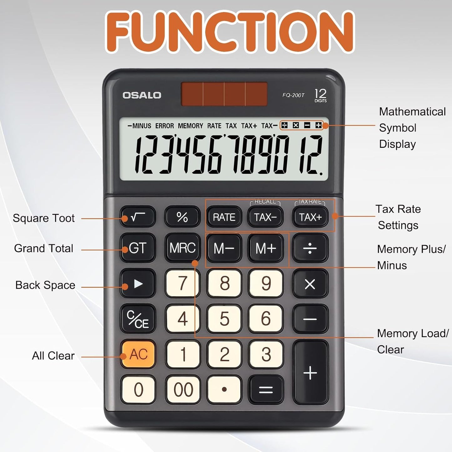 Pendancy Office Small Calculator Desktop with Tax+/- for Tax Calculation, 12 Digit Large LCD Display, Solar Battery Power, Durable Portable Design, Financial Accounting Business Home Use(OS-200T-Gray)