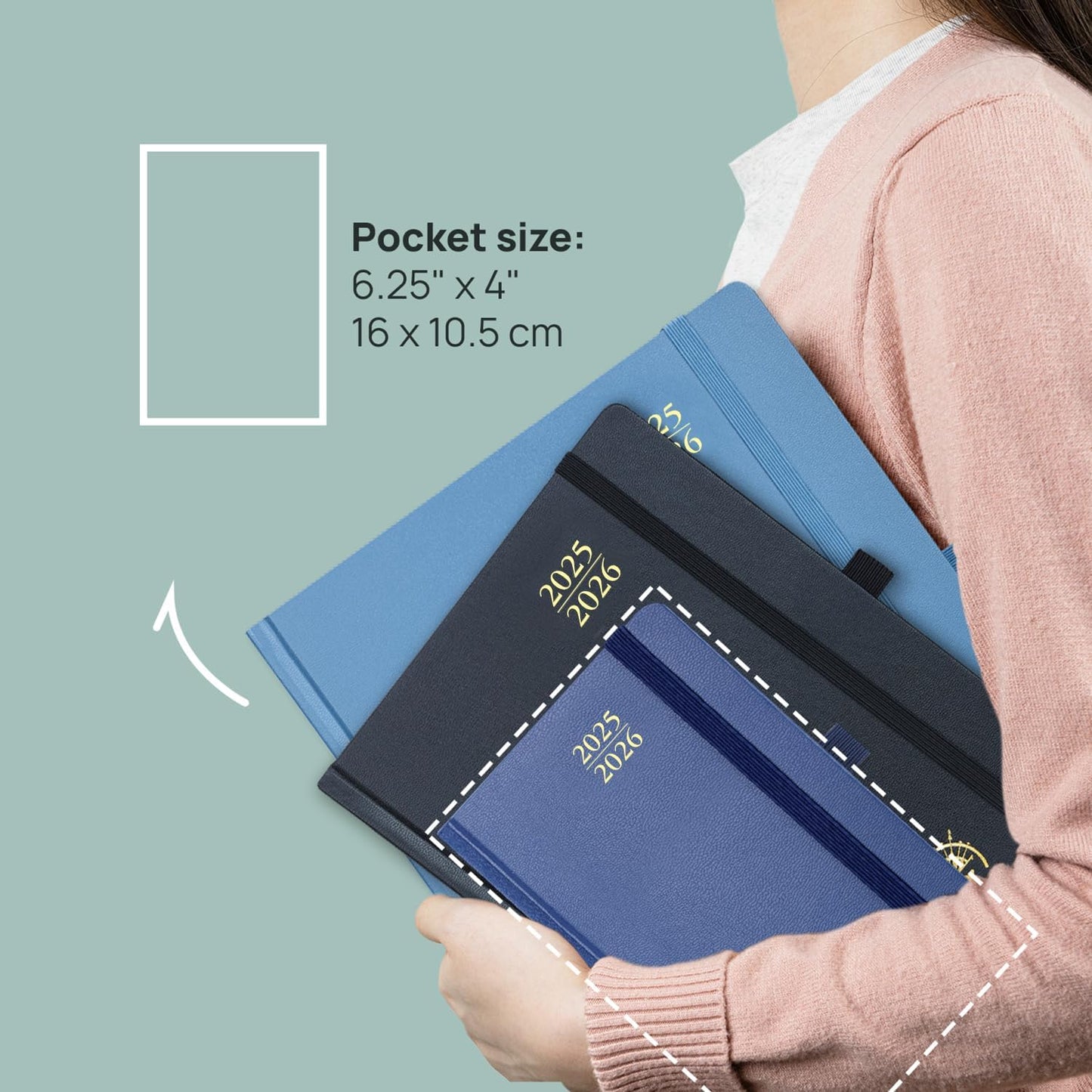 POPRUN Pocket Planner 2025-2026, (Purse Size 4''x 6.25'' Hard Cover) Academic Year Calendar Daily Weekly and Monthly (July 25-June 26) with Hourly Time Slots, 100 GSM Paper - Haze Blue