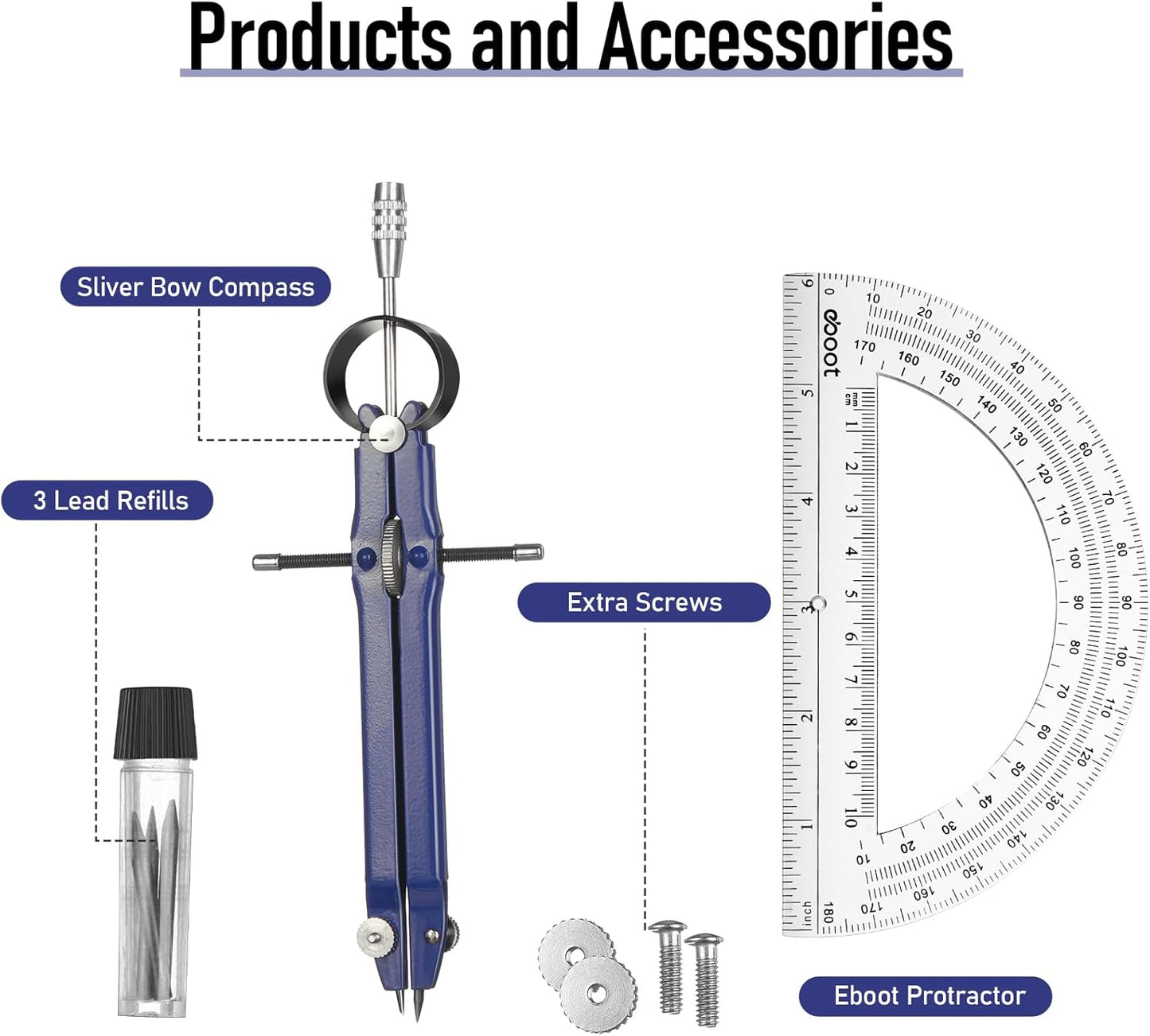 EBOOT Student Geometry Math Set, Drawing Compass and 6 Inch Clear Swing Arm Protractors 180 Degree Math Protractor (Blue)