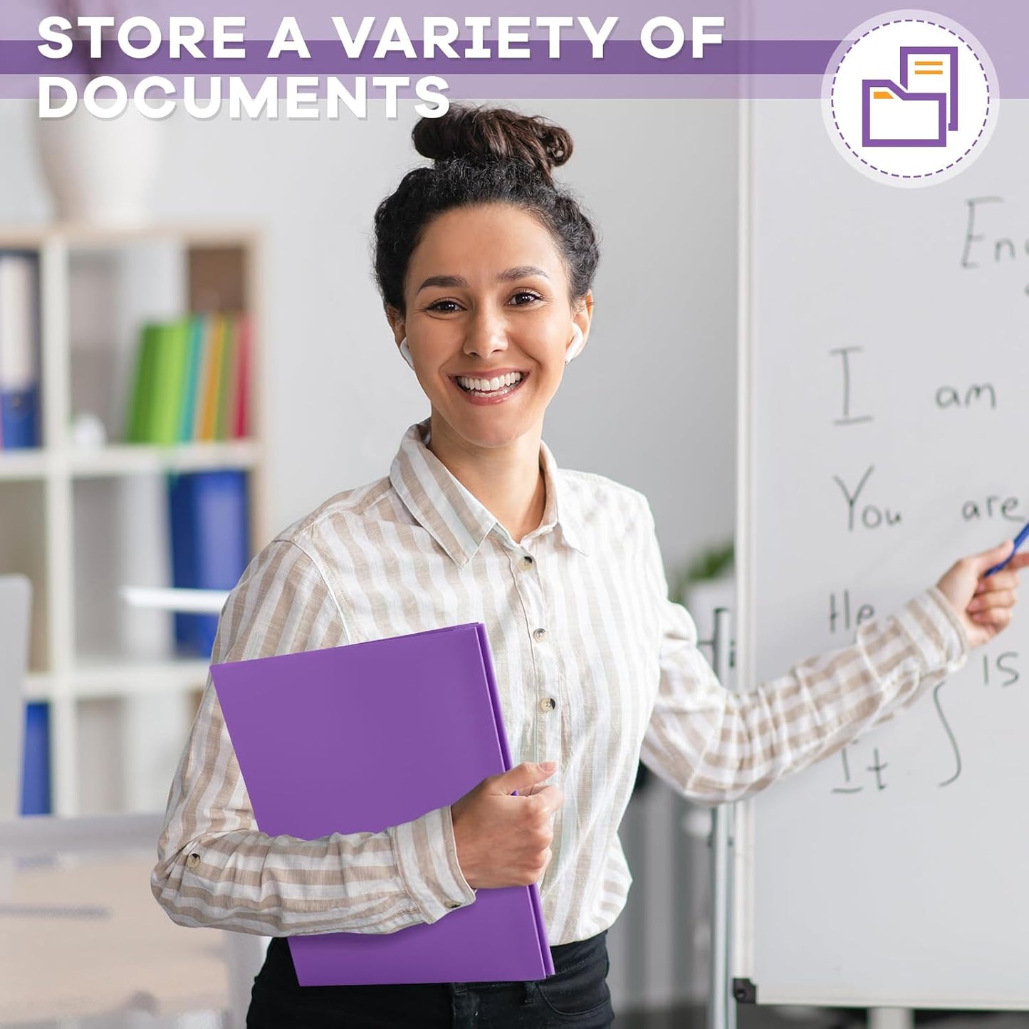 Henoyso 100 Pcs Plastic Folder with Clear Front Pocket and 3 Prong Plastic Folders with Card Slot Pocket Folders with Prongs for School Office (Purple)