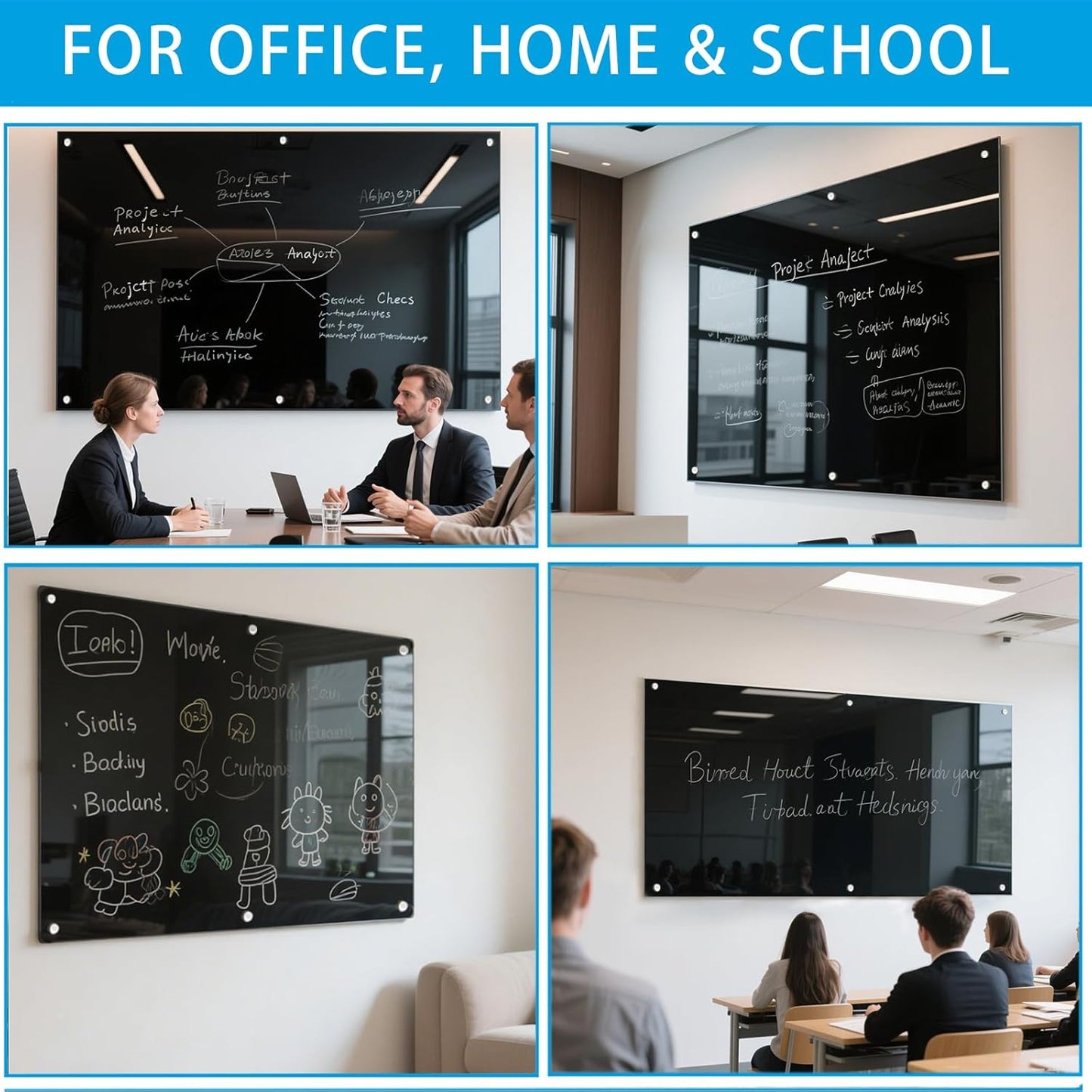 Glass Dry Erase Black Board - Magnetic Blackboard 60"X36" Frameless White Board Clear Glass Boards with Super Strong Magnets, Wall Mounted for Office, Classroom and Home