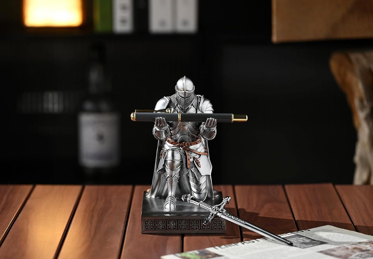 Medieval Armored Warrior Wearing Outerwear, Mobile Phone Stand Knight Pen Holder Desk Organizers, Resin Bookends Paperweight with a Letter Opener for Desk (Silver)