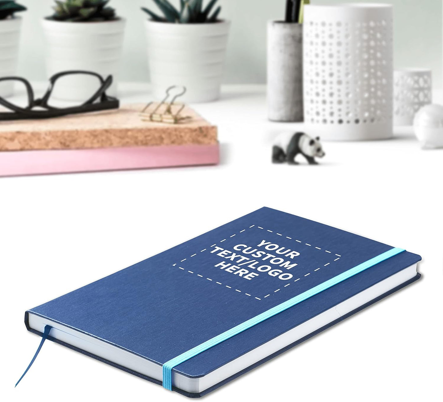 DISCOUNT PROMOS Custom Hardcover Notebook Journals with Elastic Colored Band Set of 12, Personalized Bulk Pack - Perfect for School, Office, Home - Blue