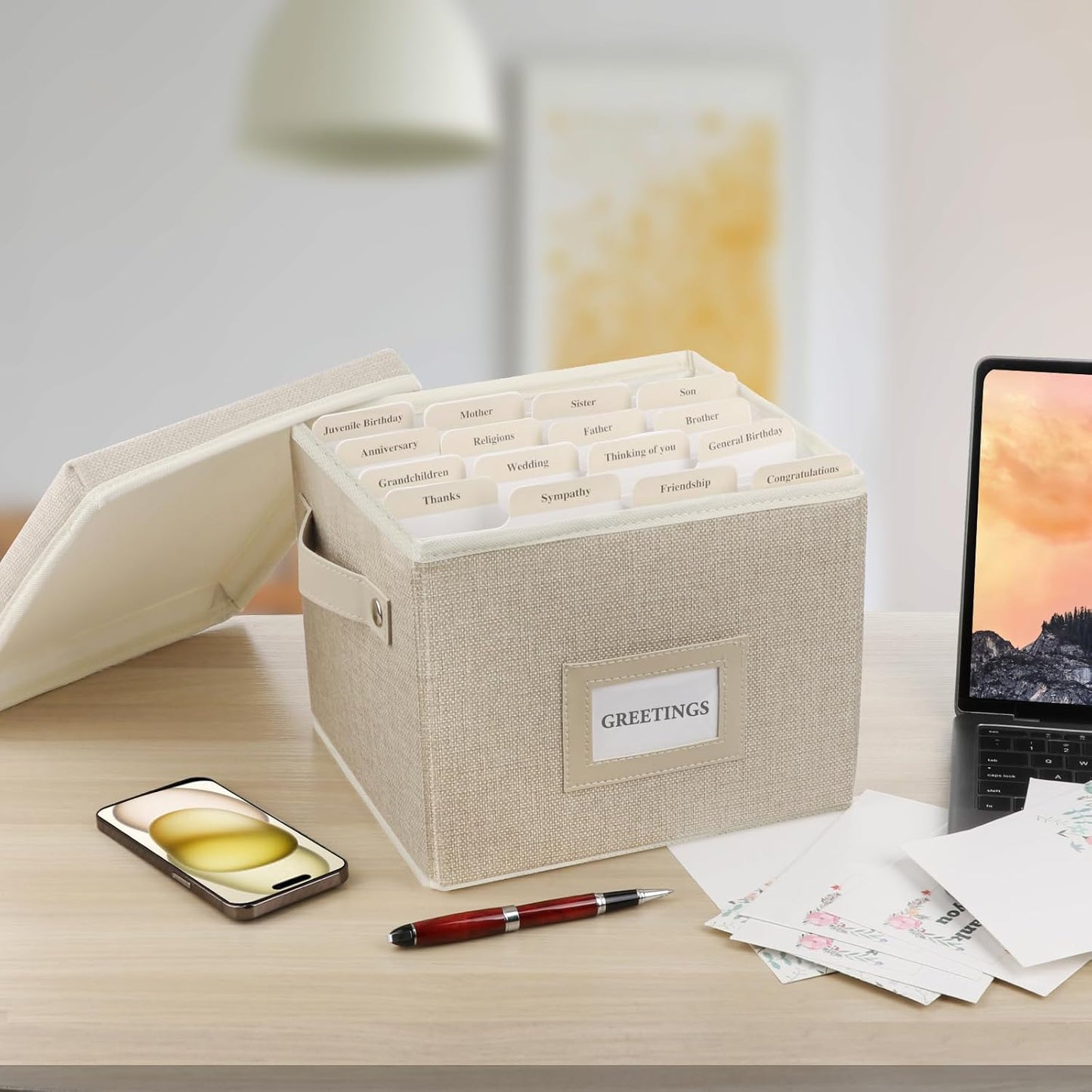 Greeting Card Organizer Box with 16 Dividers,Collapsible Greeting Card Storage Box with Handles Hold 150+ Cards,Greeting Card Holder for Greeting Cards,Sticker, Recipes, Photo, Envelope (Beige, 1 pcs)