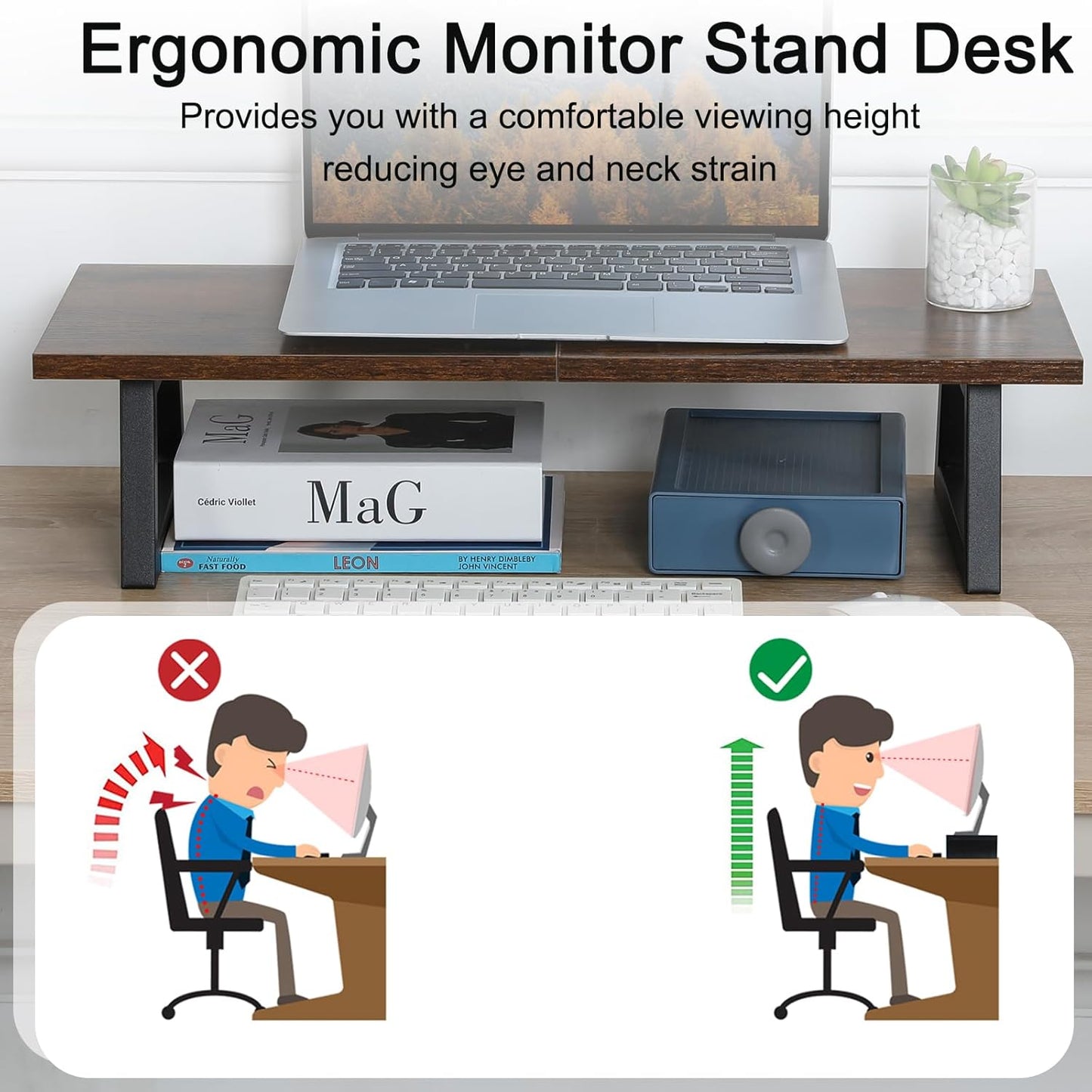 TEAMIX 24 inch Monitor Stand Riser, Rustic Brown Wood & Steel Computer Monitor Stand with Storage, Laptop, PC, Printer Stand Riser for Desktop Office Desk Organizers