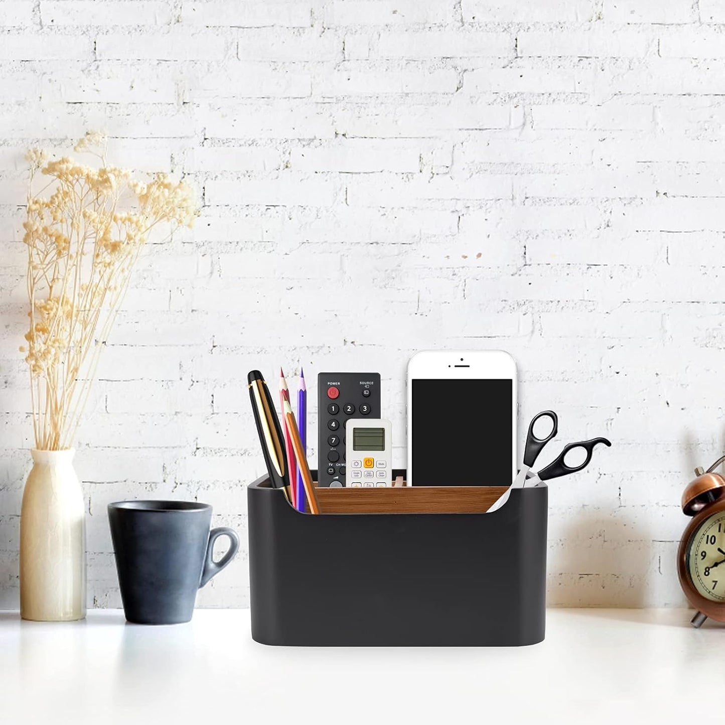 Stylish Desk Organizer and Remote Control Holder in Black - Keep Your Workspace Tidy and Organized, Multi-Purpose Storage for Office Desktop Coffee Table Bedside Nightstand