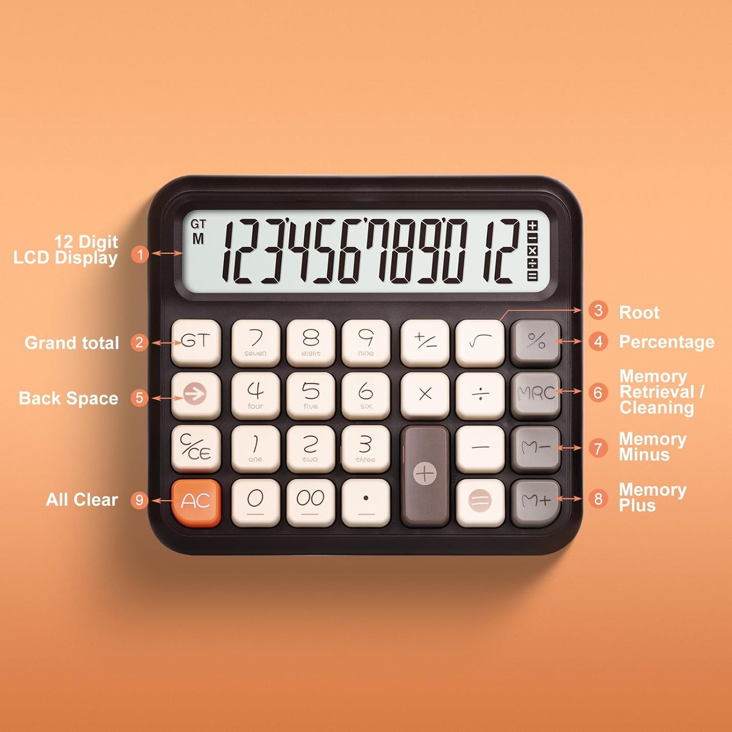 Pendancy Desk Calculator 12 Digit, Retro Cute Basic Calculator with Extra Large LCD Display and Buttons, for Office, School, Home Use