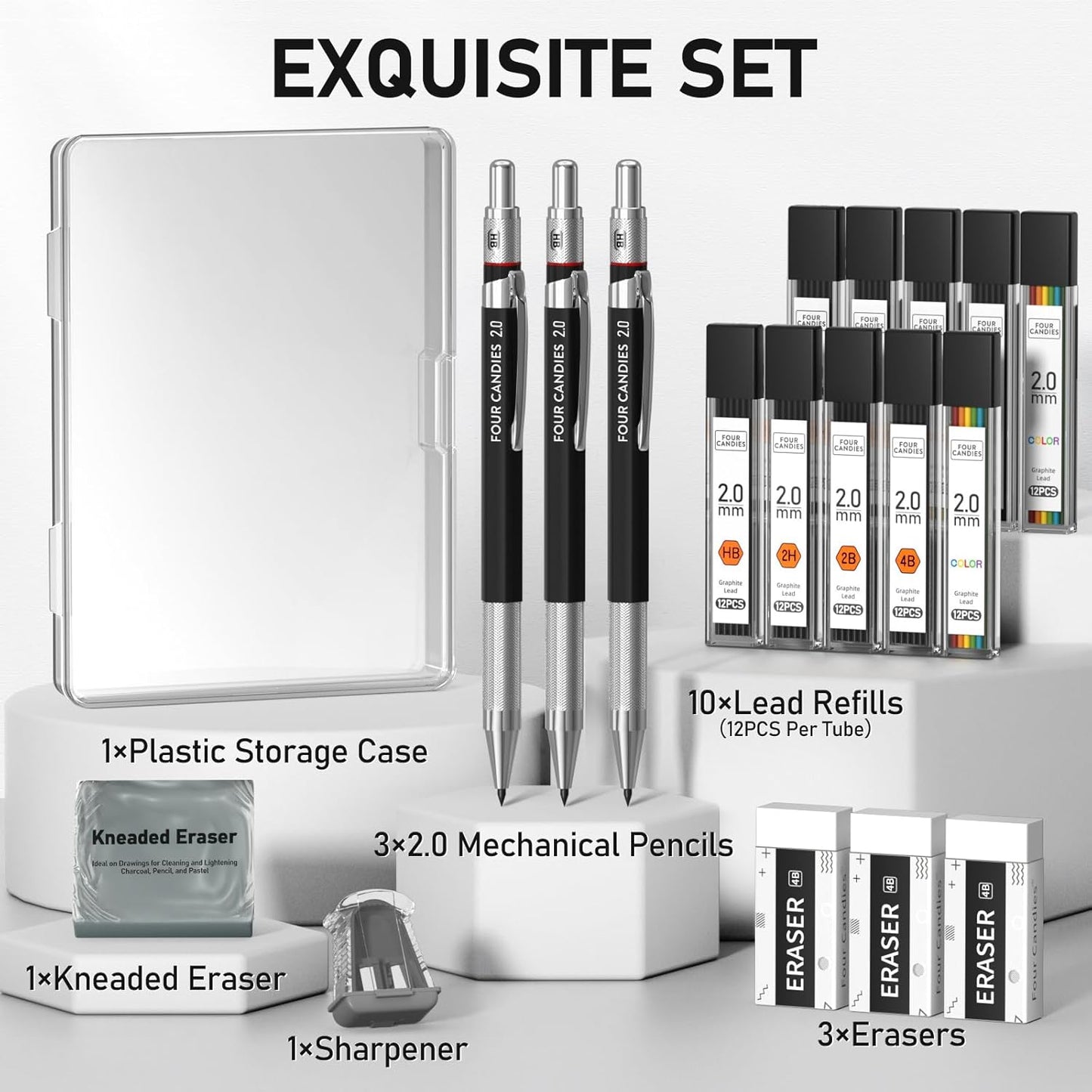 Four Candies 3PCS 2MM Mechanical Drawing Pencils with Case, Metal Art Lead Pencil with 120 Graphite Lead Refills (HB 2H 2B 4B Color), Kneaded Eraser, Sharpener, for Drafting, Drawing, Sketching