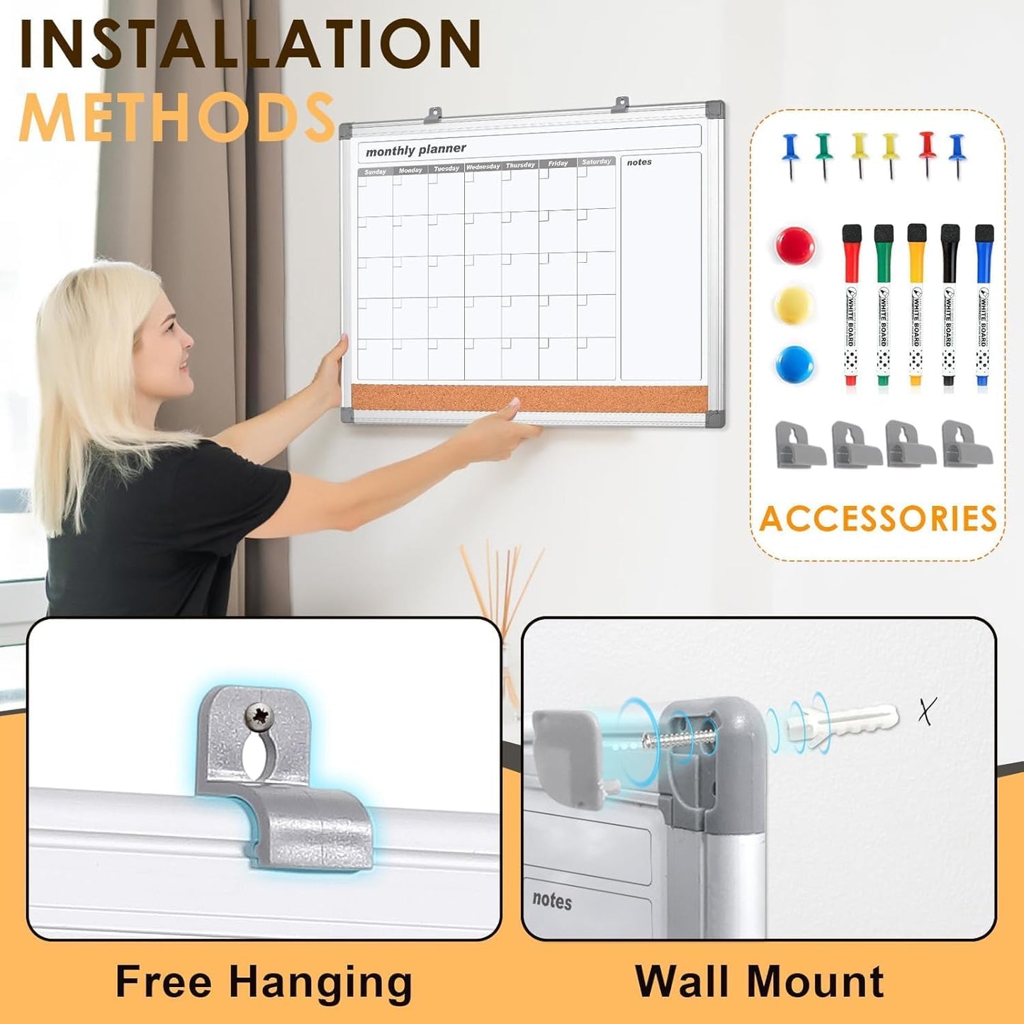 MAKELLO Dry Erase Calendar for Wall 36x24 in, Large Calendar Whiteboard with Cork Board for Office, Home, School, Family, Kitchen and Bedroom, 3' x 2'