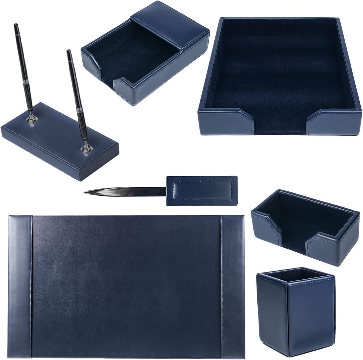 Dacasso Bonded Set Luxury Leather Desk Pad & Desk Organization Essentials, 7 Piece, Navy Blue