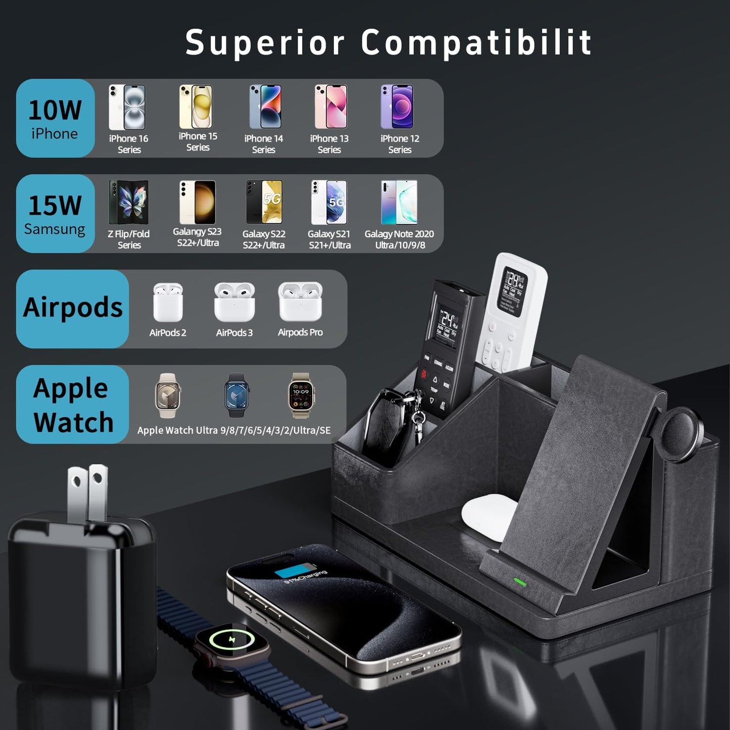 GORESE Leather Desk Organizer with Charging Station, 4 in 1 Nightstand Organizers for Remote Control Pen Holder, Desktop Accessories Workspace Organizers for Office Supplies