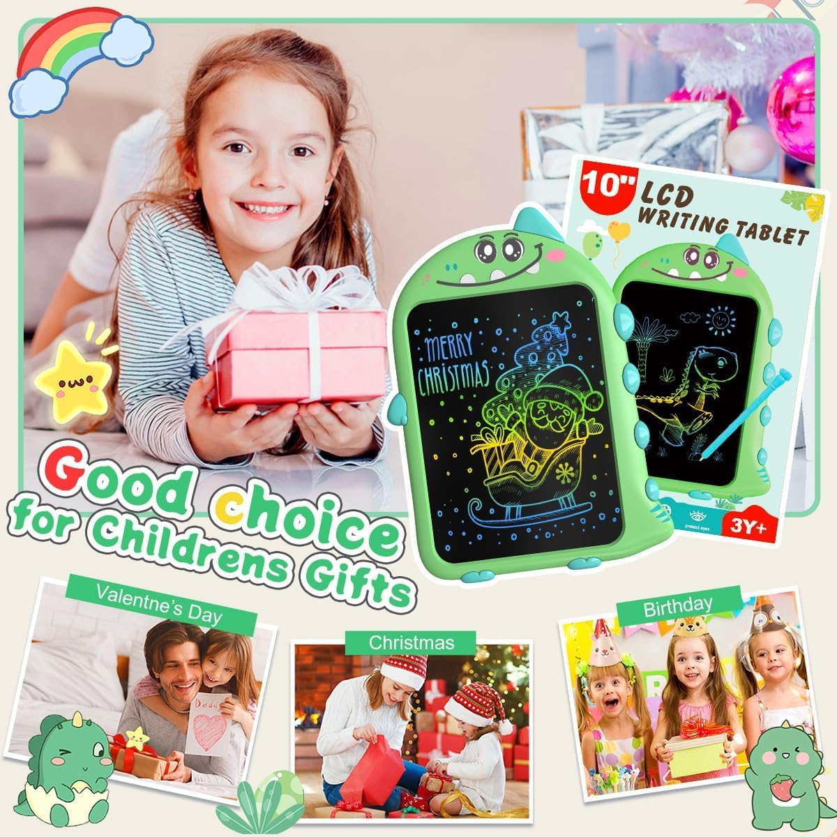 10 Inch LCD Writing Tablet for Kids, Brithday Gifts for Kids, Electronic Drawing Pad Toys, Dinosaur Drawing Pad for Toddlers Ages 2 3 4 5 6 7 Travel Learning Board (Green)