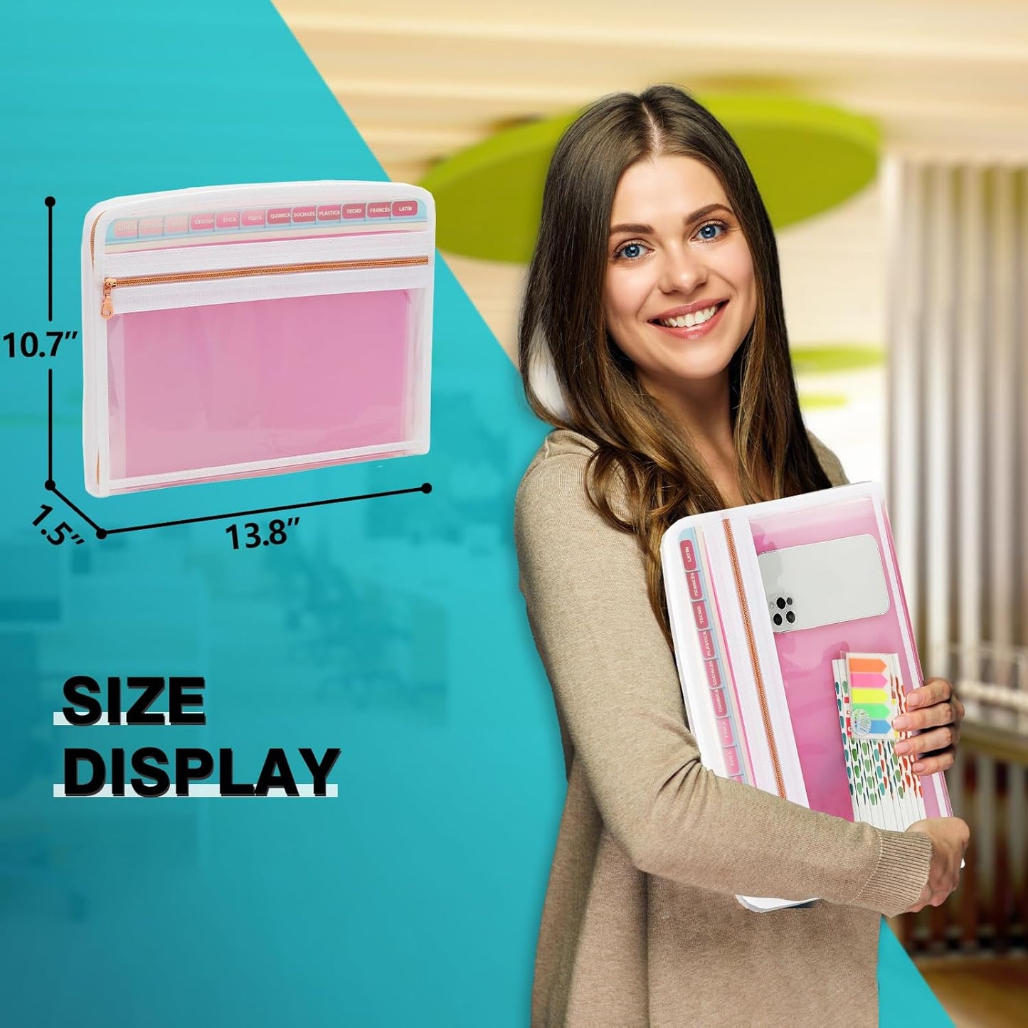 H4D 13 Pocket Expanding File Folder Organizer with Front Clear Pounch, Accordion File Organizer with Zipper Clourse, Fit for Letter Size Papers, Pink