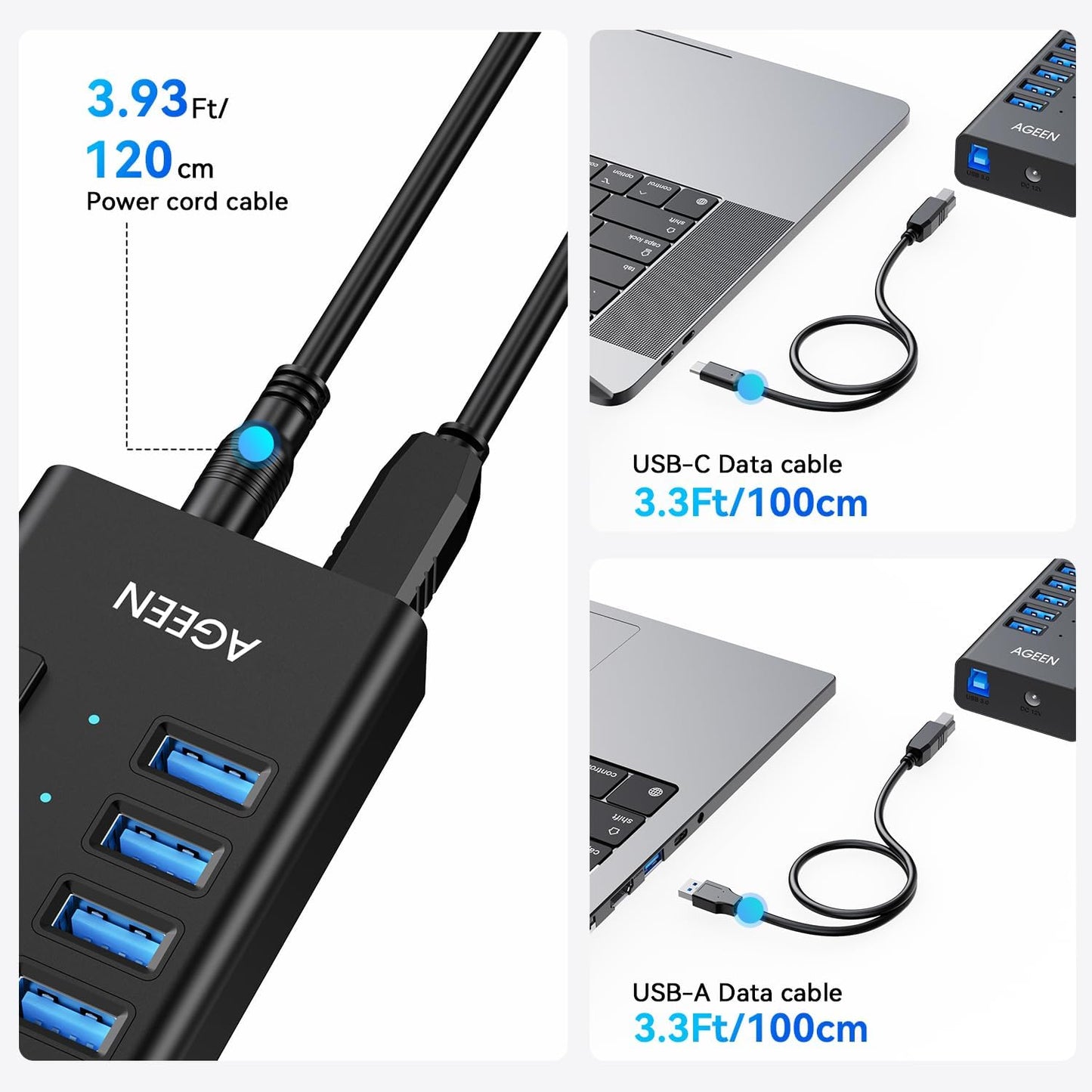 AGEEN 16-Port USB 3.2 Gen 2 Hub, 10Gbps High-Speed Aluminum Powered Hub with 96W Adapter, Individual Switches & Surge Protection for PC/Laptop, Flash Drive, Printer, Camera