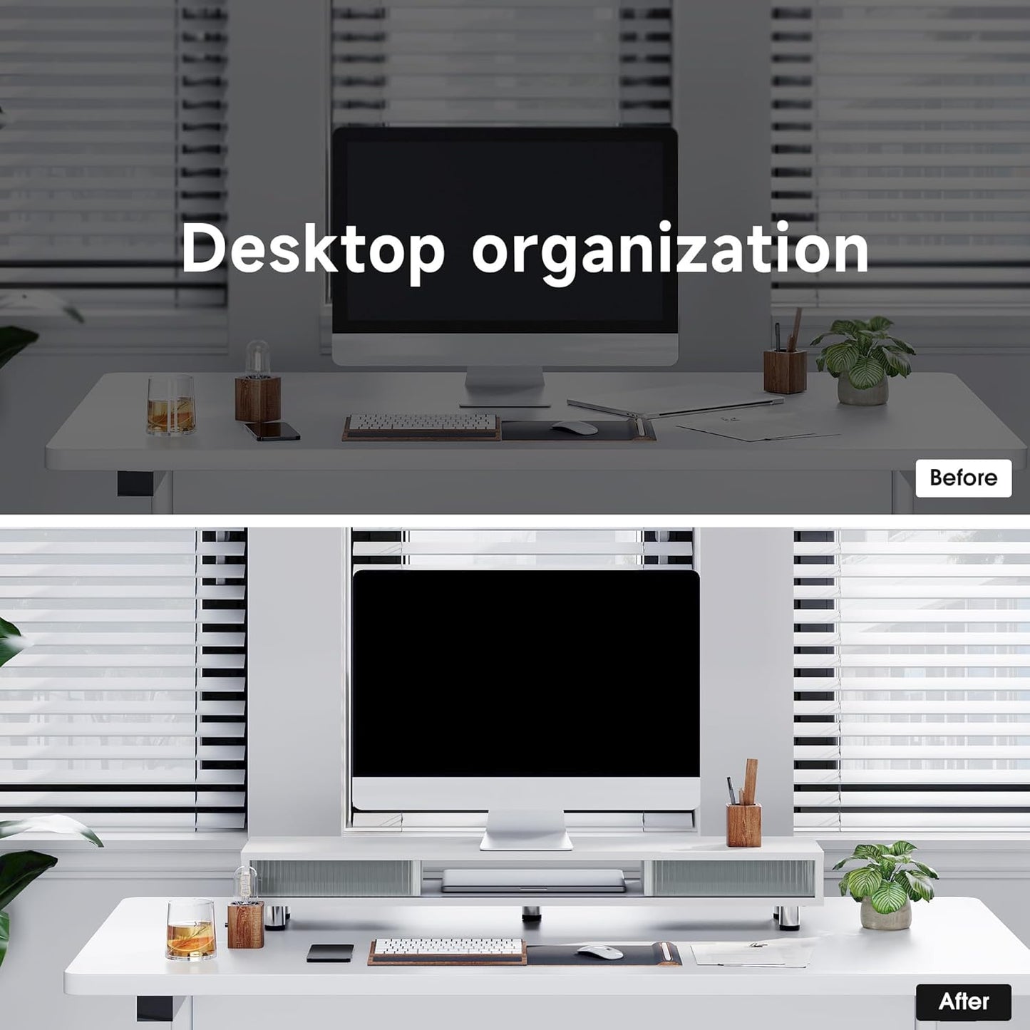 Fenge Dual Monitor Stand, 42.5inch Long Monitor Stands Riser for 2 Monitors, Sliding Door with Storage Organizer Stand for Desk, 2 Tier Desk Shelf for Laptop, Pc, Printer, Computer, TV