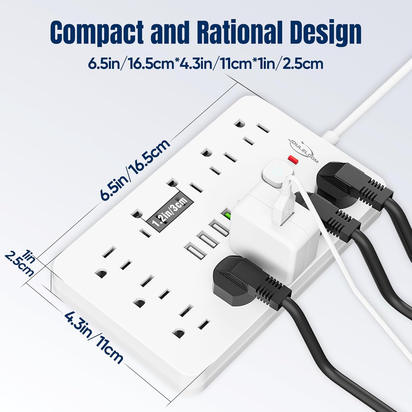2 Pack 5 FT Flat Plug Surge Protector Power Strip,11 Multiple AC Outlets with 6 USB Ports (2 USB C), 5 Feet Extension Cord, 1250W/10A, One Touch Switch Button, 17 in 1 Compact powerstrip