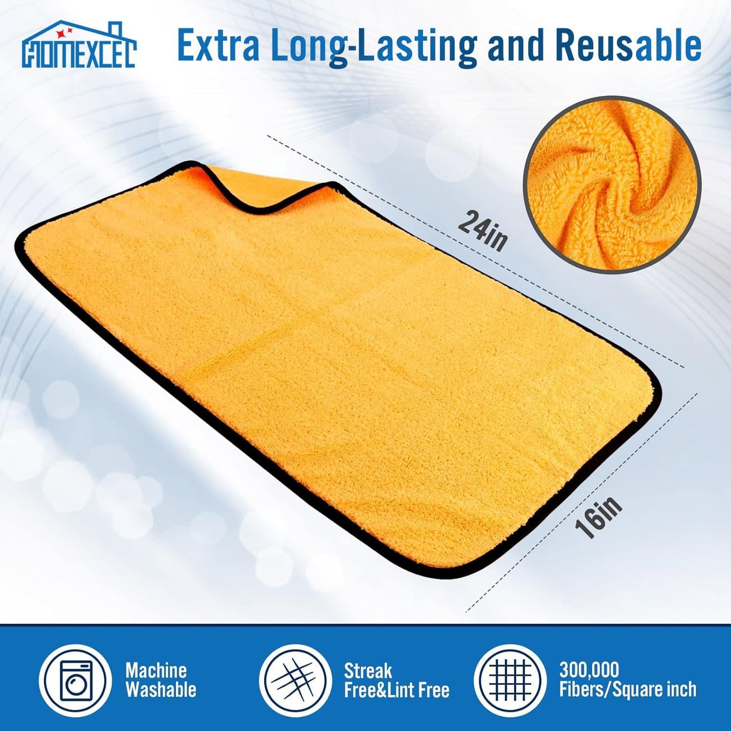 HOMEXCEL Microfiber Towels for Car, Premium Cleaning Cloth Lint Free,Scratch Free, Strong Water Absorption, Car Washing Drying Towel for Household, Auto Detailing, Windows, 16" x 24 ", 3 Pack