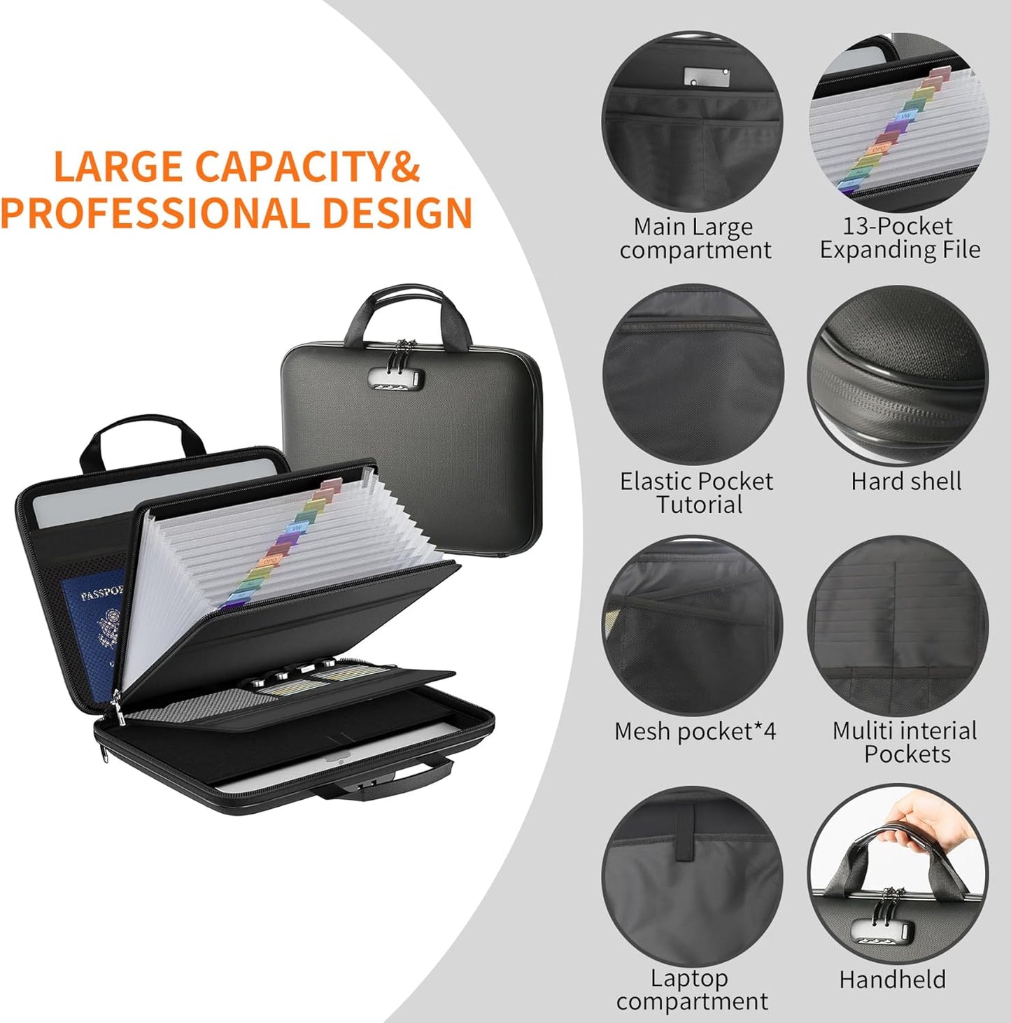 Fireproof Document File Organizer Bag, Black 5200°F Portable File Organizer Handbag With Lock,Hard Case Fireproof Waterproof Important Document Bag,Fire Safe Home Valuables Storage