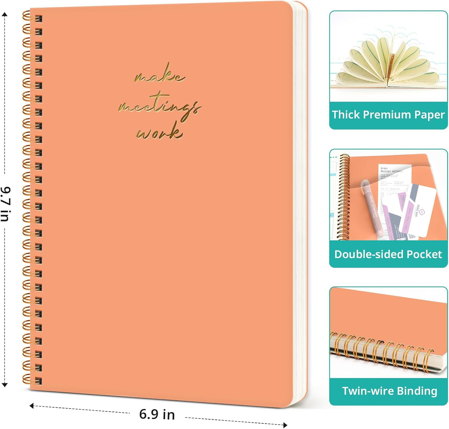 Taja Meeting Notebook for Work Organization - Work notebook with action items, Meeting Minutes Planner Notebook, Perfect Office Supplies for Men & Women - Coral