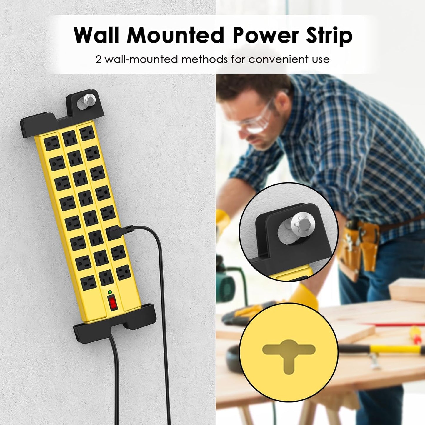 HHSOET Heavy Duty Power Strip with Surge Protection, Industrial Commercial Metal 24 Outlets Wall Mount for Garage Shop, 15 Amp, Switch, 6FT Extension Cord, Yellow.