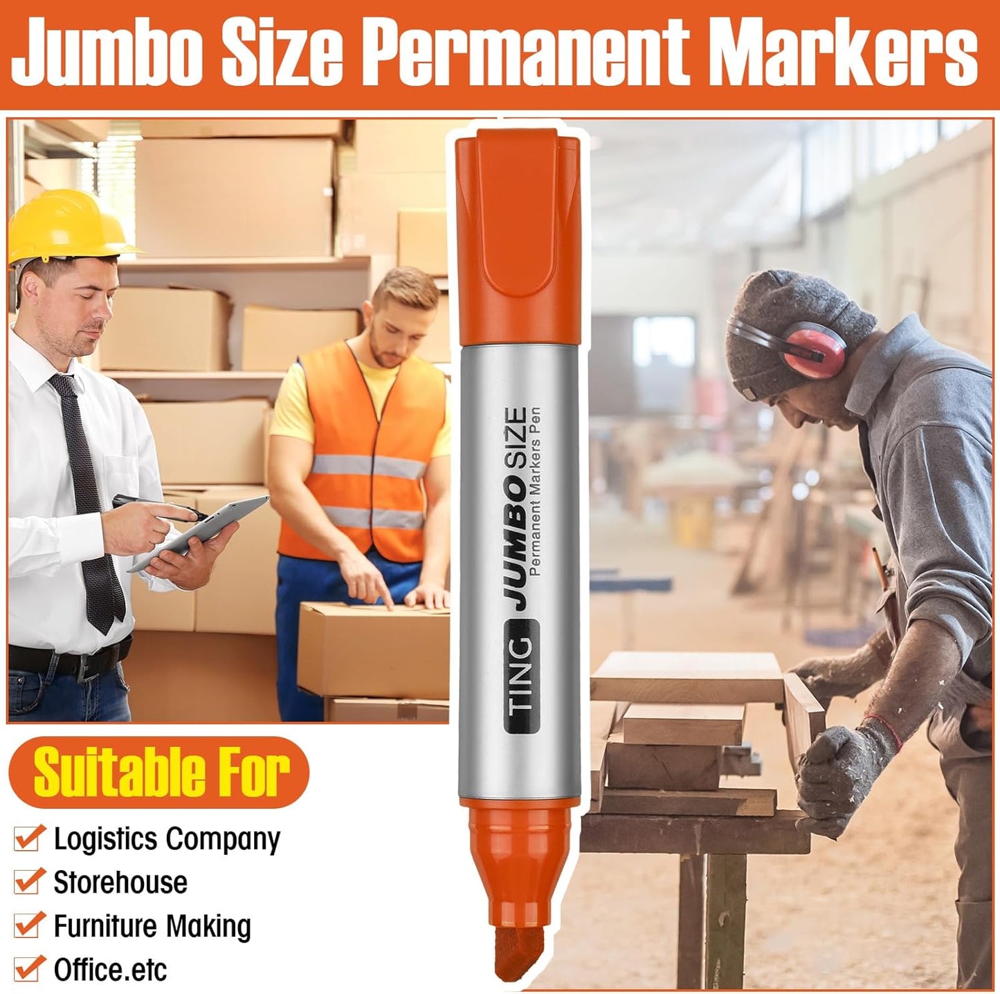 Fuutreo 10 Pack Jumbo Permanent Markers Bulk Large Chisel Tip Permanent Markers Quick Drying Waterproof Big Huge Poster Pens for Office, Logistics Company and More(Orange)