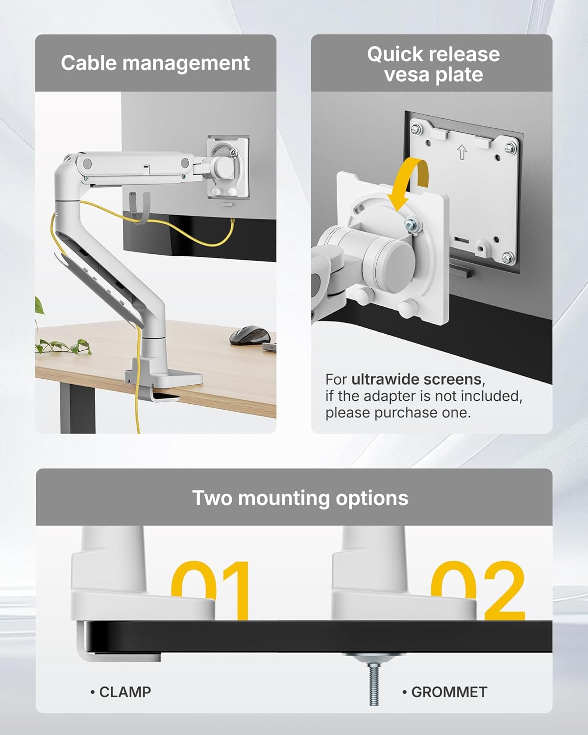 monTEK Single Monitor Arm with USB A/C, Ultrawide Monitor Stand for 17 to 57 Inch Curved Screen, Holds 59.4 lbs, Adjustable Gas Spring Arm, 75/100 VESA Mount, Clamp & Grommet Desk Mount, White