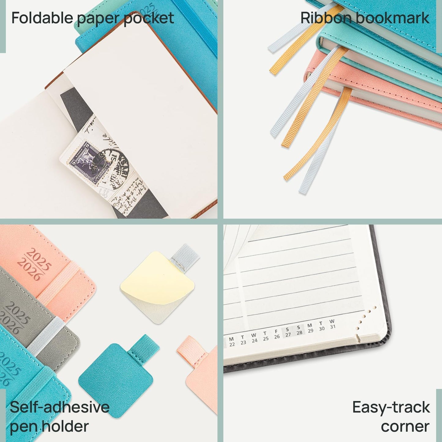 POPRUN Pocket Planner 2025-2026 (Purse Size 4'' x 6.25'') Academic Small Calendar (July 2025 - June 2026) with Hourly Time Slots, 100GSM Thick Papers, Leather Soft Cover - Pacific Green