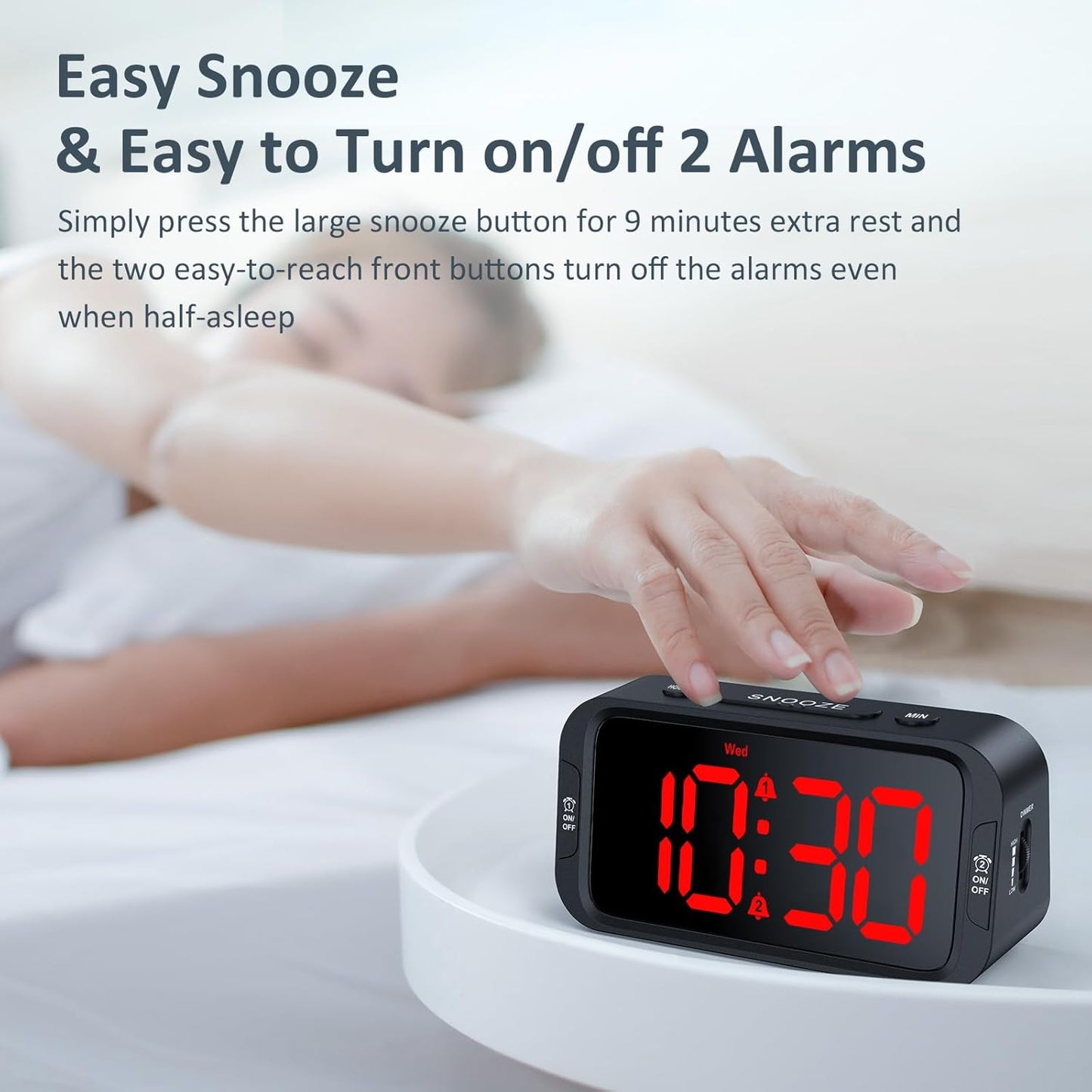 Digital Dual Alarm Clock for Bedroom, Easy to Set, 0-100% Dimmer, USB Charger, 5 Sounds Adjustable Volume, Weekday/Weekend Mode, Snooze, 12/24Hr, Battery Backup, Compact Clock for Bedside(Red)