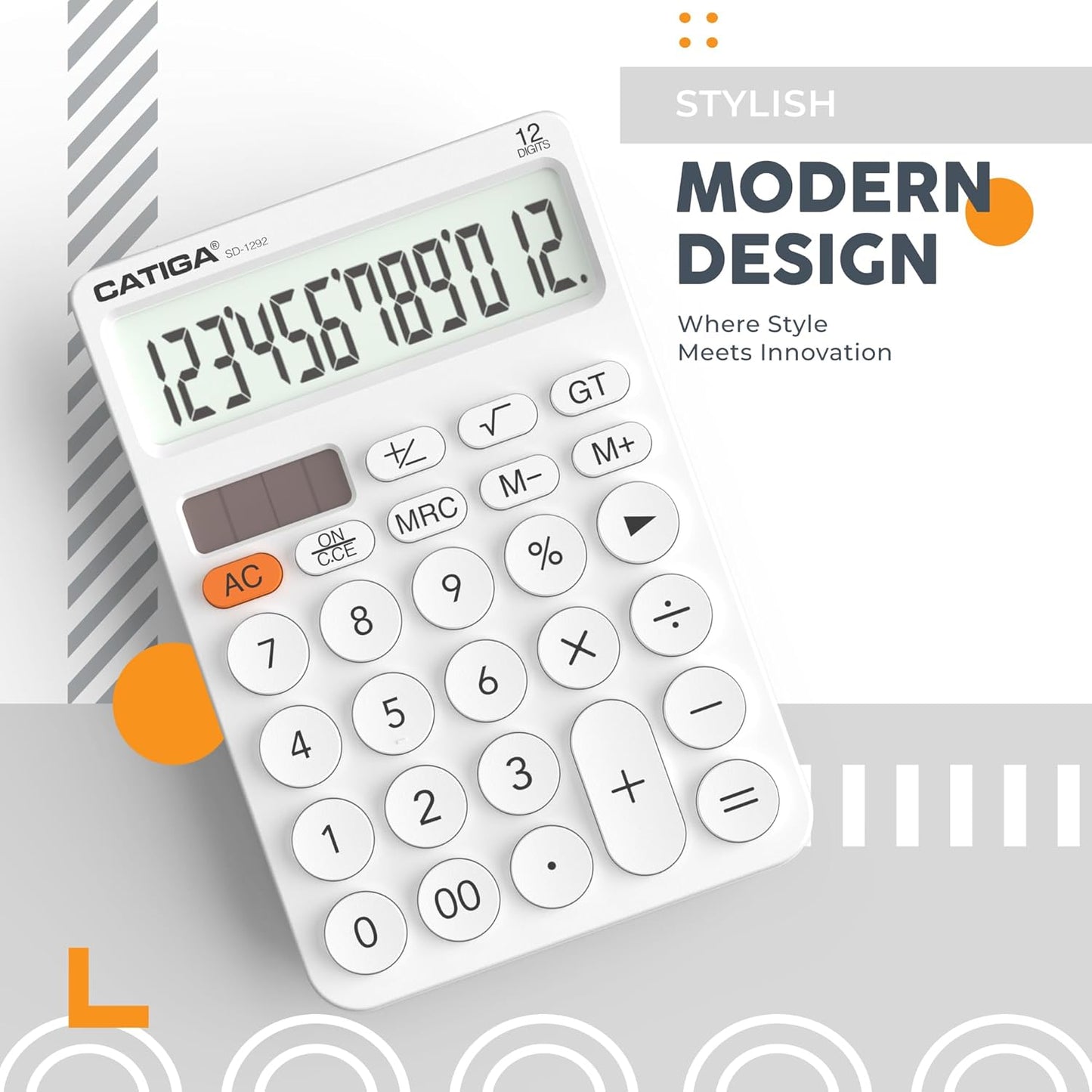 CATIGA 12 Digit Desktop Calculator Basic Desk Calculator with Large LCD Display, Big Buttons, 4 Function, Solar and Battery Dual Power, for Office, School, Home, SD-1292 White