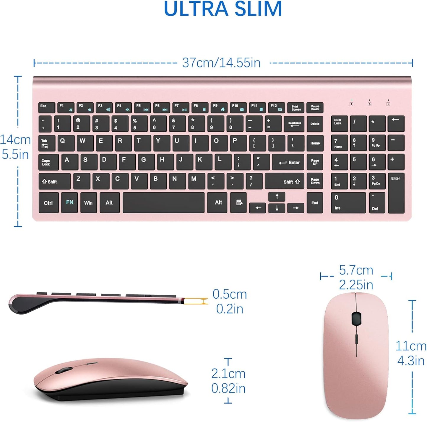 Wireless Keyboard and Mouse Ultra Slim Combo, TopMate 2.4G Silent Compact USB 2400DPI Mouse and Scissor Switch Keyboard Set with Cover, 2 AA & 2 AAA Batteries,for PC/Laptop/Windows/Mac-Rose Gold Black
