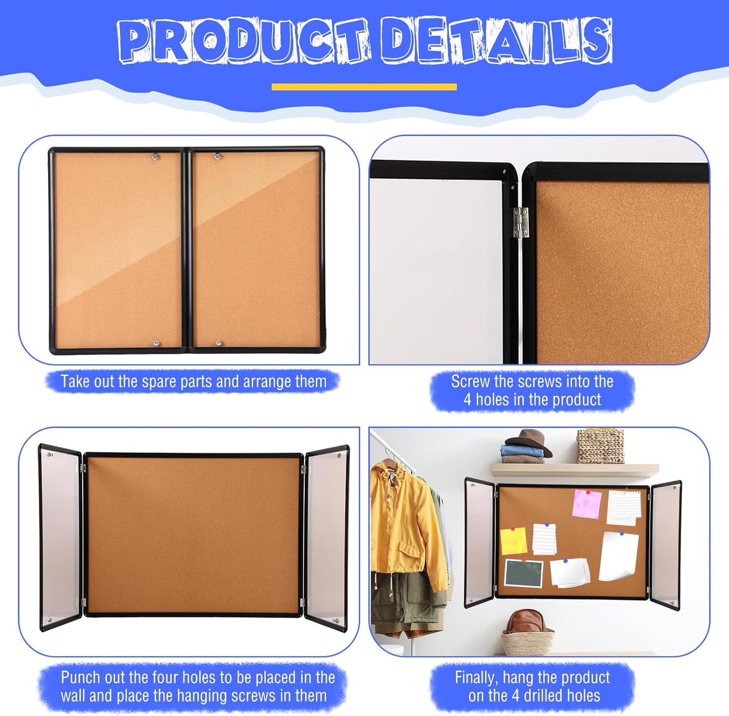 Enclosed Bulletin Board 48" x 36" Weather Resistant Lockable Notice Cork Display Board Wall Mounted 2 Locking Door for School Classroom Commercial Back to School, 12 x A4(Brown, Black Frame)