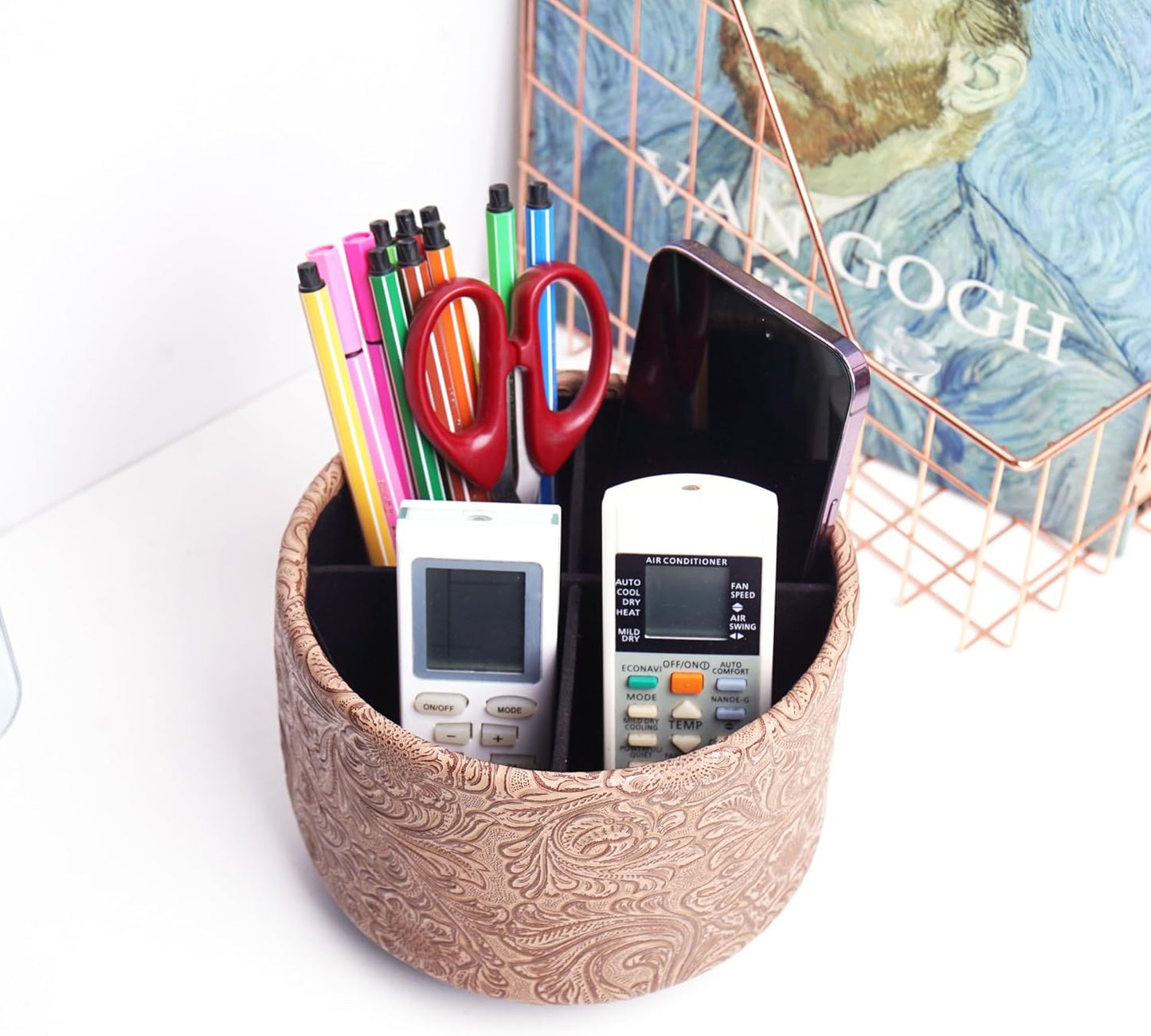 lizimandu Round Leather Art Supply Organizer,Remote Control Holder,360 Degree Spinning,Multi-Functional Pencil Holder,4 Compartments Desktop Stationary Organizer(1-Carved Wood Beige)