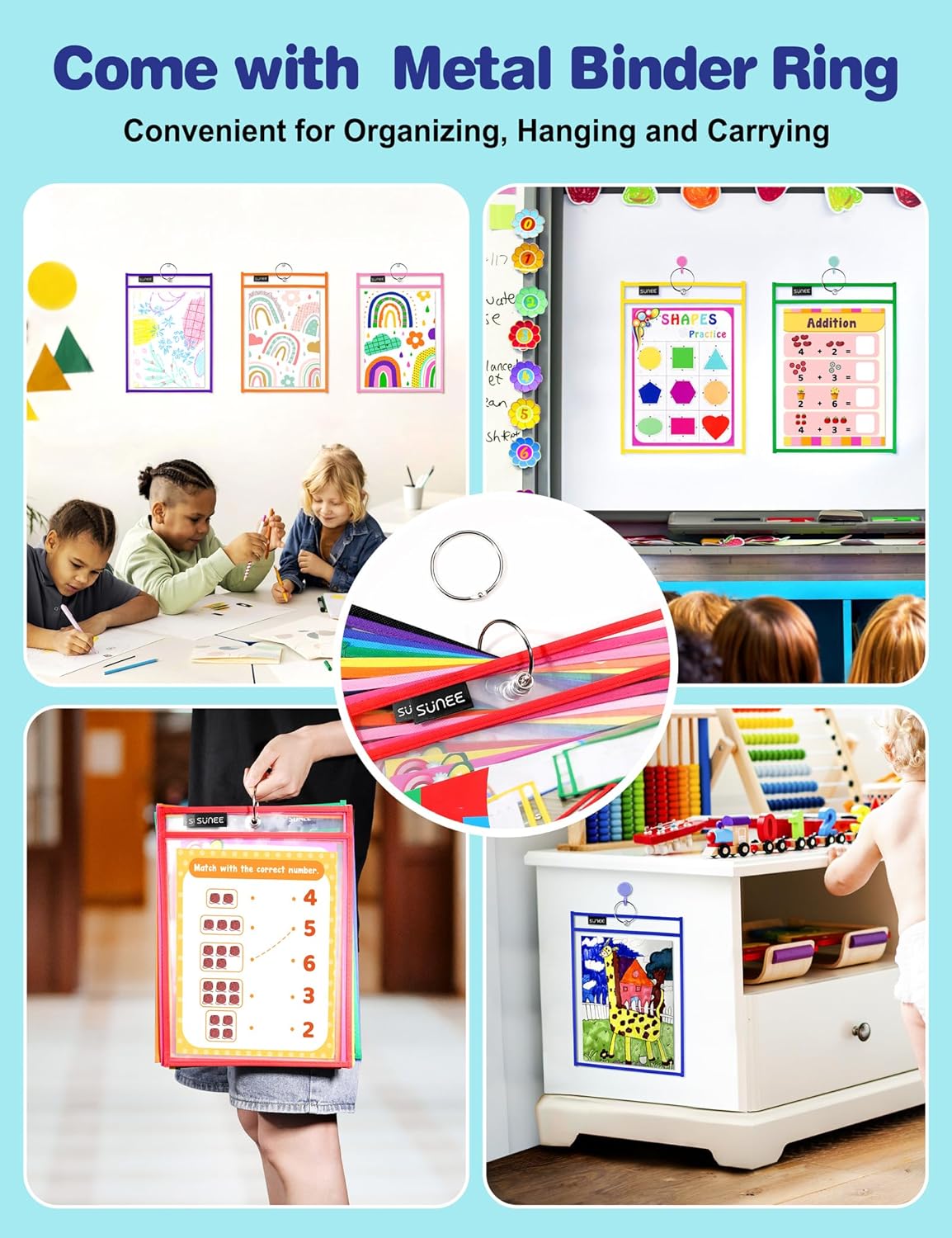 SUNEE 35 Packs Oversized Reusable Dry Erase Pocket Sleeves with 2 Rings, 10 Assorted Colors 10x14 Ticket Holders, Clear Plastic Sheet Protectors, Teacher School Classroom Supplies