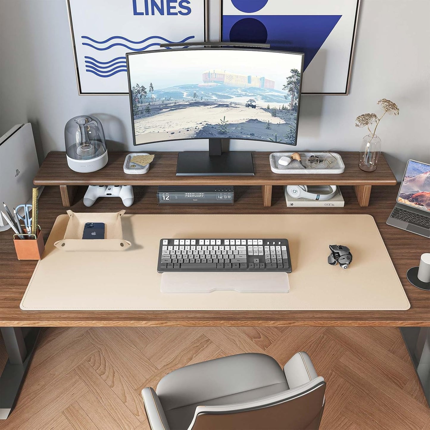 DAWNTREES Dual Sided Desk Mat,Leather Desk Pad,35.5"x17",Cork Desk Mat Protector,with PU Leather Valet Tray Organizer,Large Mouse Pad,Desk Writing Pad for Office and Home(Khaki)