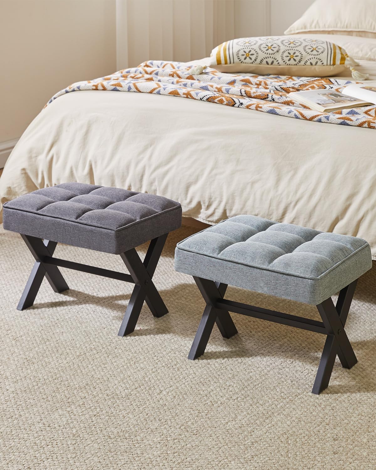 IBUYKE Small 12" H Footrest, Square Linen Foot Stool with Metal X-Leg, Multi-Use as Small Side Table, Step Stool for Living Room, Bedroom, Entryway, Office, Dark Gray WBD011G