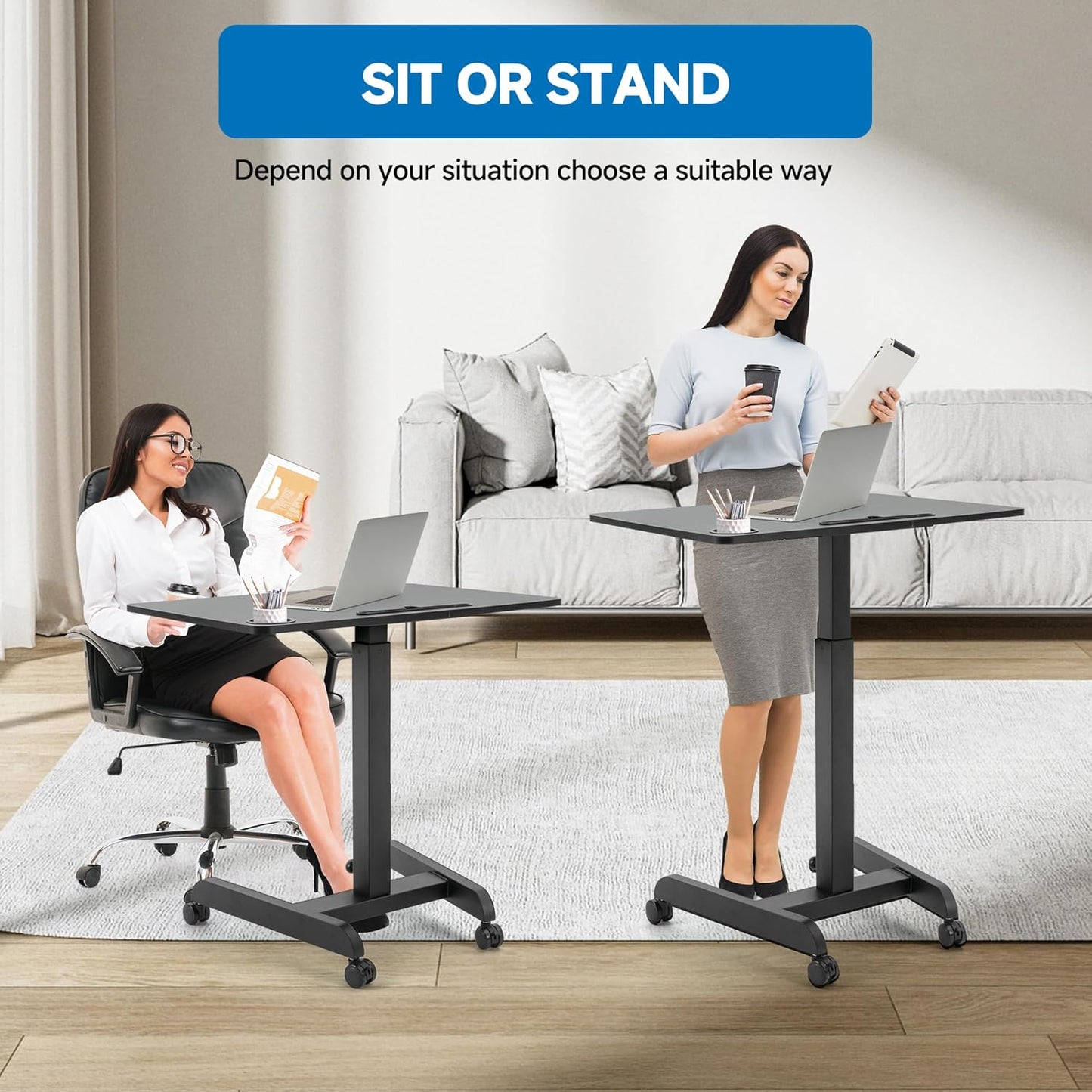 Rolling Laptop Desk Adjustable Height(29.5”- 43.7”),Mobile Workstation Cart with 31.5" x 22.1"Desktop, Standing Desk Mobile Portable PC Table for Home,Office or Classroom in Black