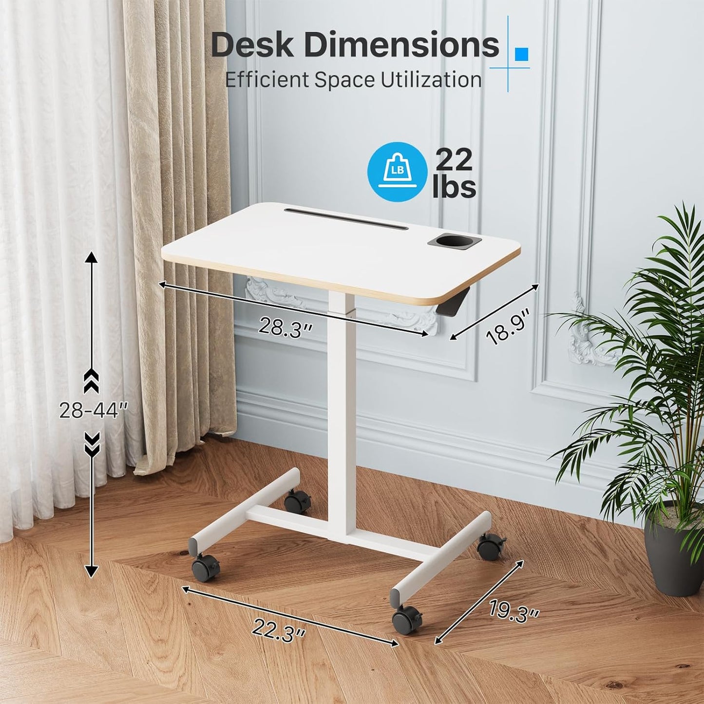 Mobile Standing Desk, Rolling Laptop Cart Adjustable Height with Cup Holder, 28 inch Portable Table with 4 Lockable Wheels, White Computer Workstation with Hook and Slots for Home Office
