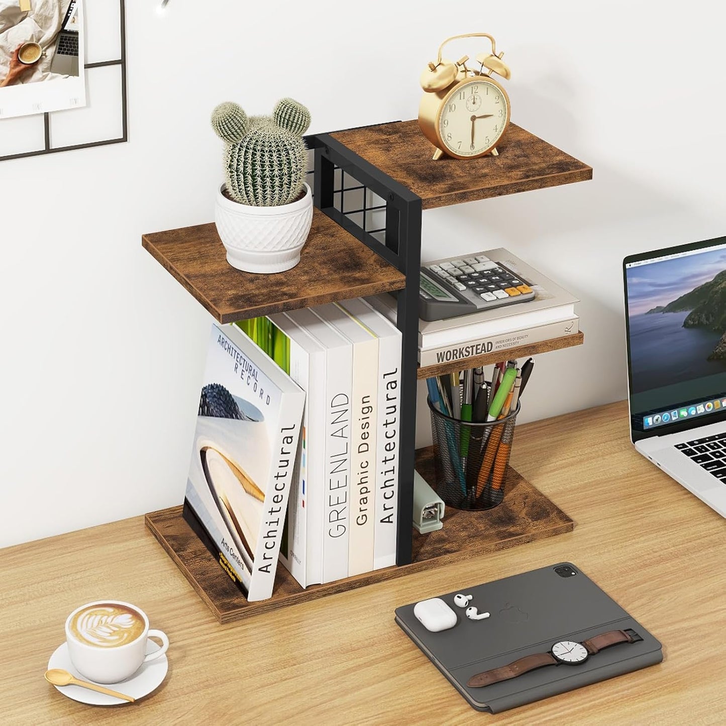 ELITEROO Desktop Shelf Organizer, 4-Tier Wooden Desk Bookshelf, Small Tabletop Book Shelf, Adjustable Display Rack for Home, Office, Dorm, Rustic Brown