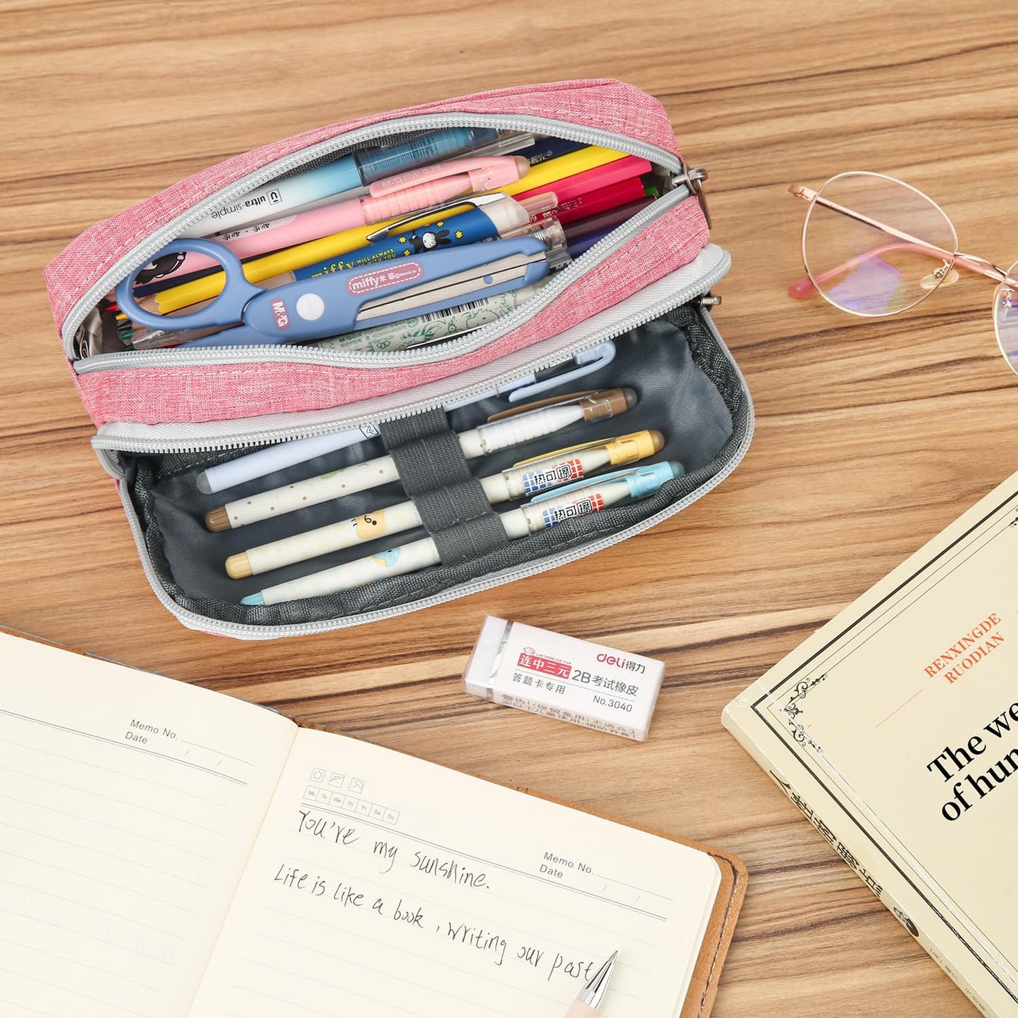 Della Gao Big Capacity Pencil Pen Case Nylon Large Pencil Pouch Simple Stationery Bag Office Organizer Pen Bag for Men Women - Pink