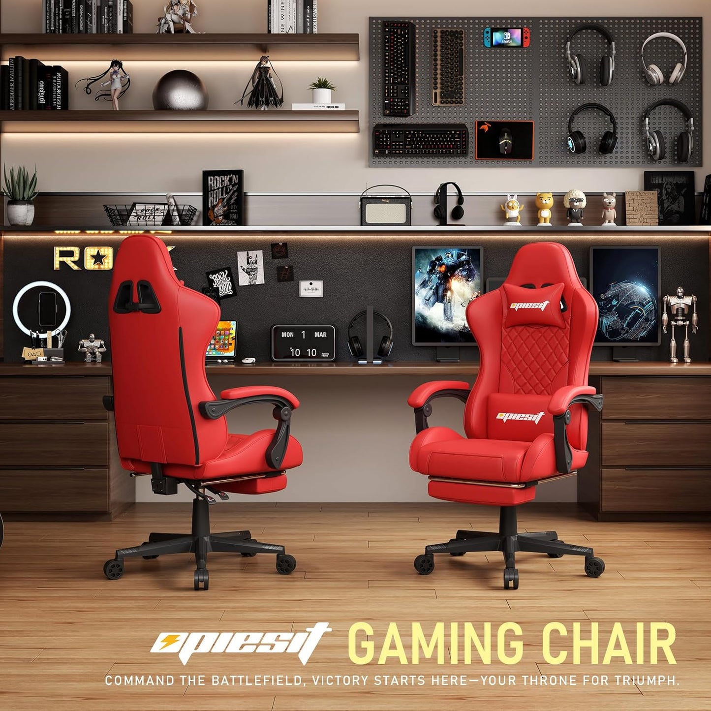 Gaming Chair,Ergonomic Computer Chairs for Adults with Footrest, PU Leather Office Chair with Adjustable Lumbar Support & Pocket Spring Cushion - Heavy Duty 400lb Capacity Gamer Chair (Red)