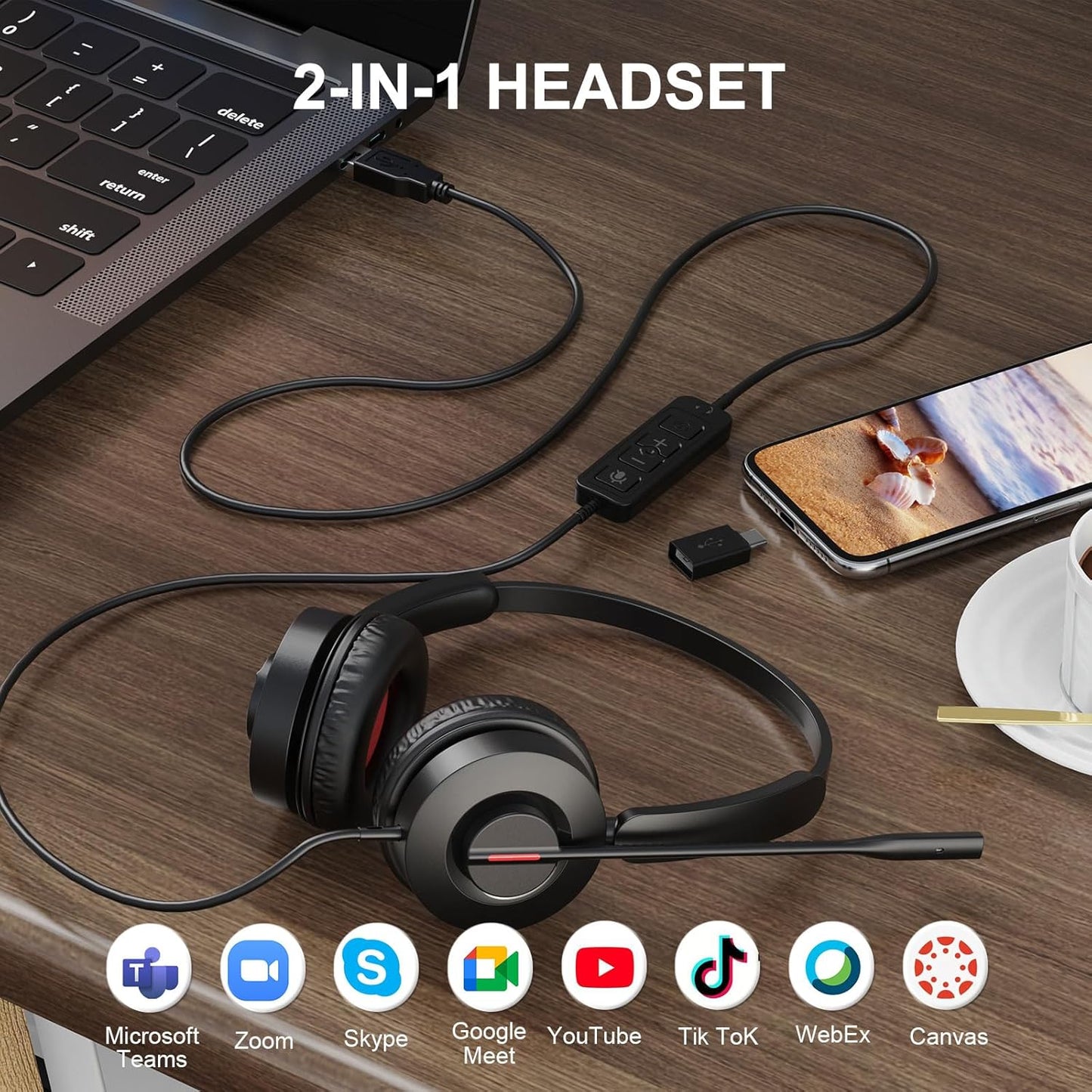 MAIRDI USB Headset with Microphone, USB-A/USB-C PC Headset with Mic Noise Cancelling, Wired Computer Headset with Mute for Laptop Business Work Home Office Call Centers Teams Zoom Comfort