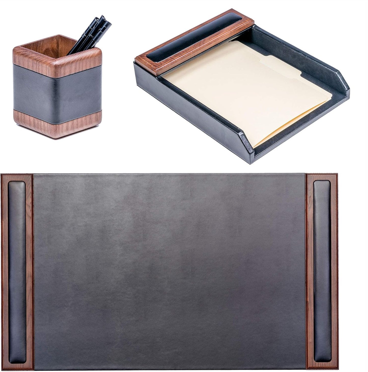 Dacasso Walnut and Leather Desk Set, 3-Piece