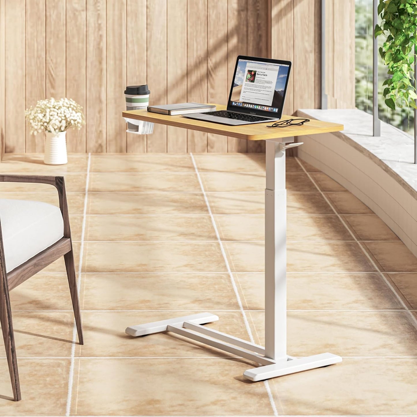 SANODESK Mobile Standing Desk with Hidden Wheels,Pneumatic Laptop Desk Rolling Computer Cart Movable Height Adjustable Small Sit Stand Desk for Home Office(27.6" W x 15.7" D,Maple)
