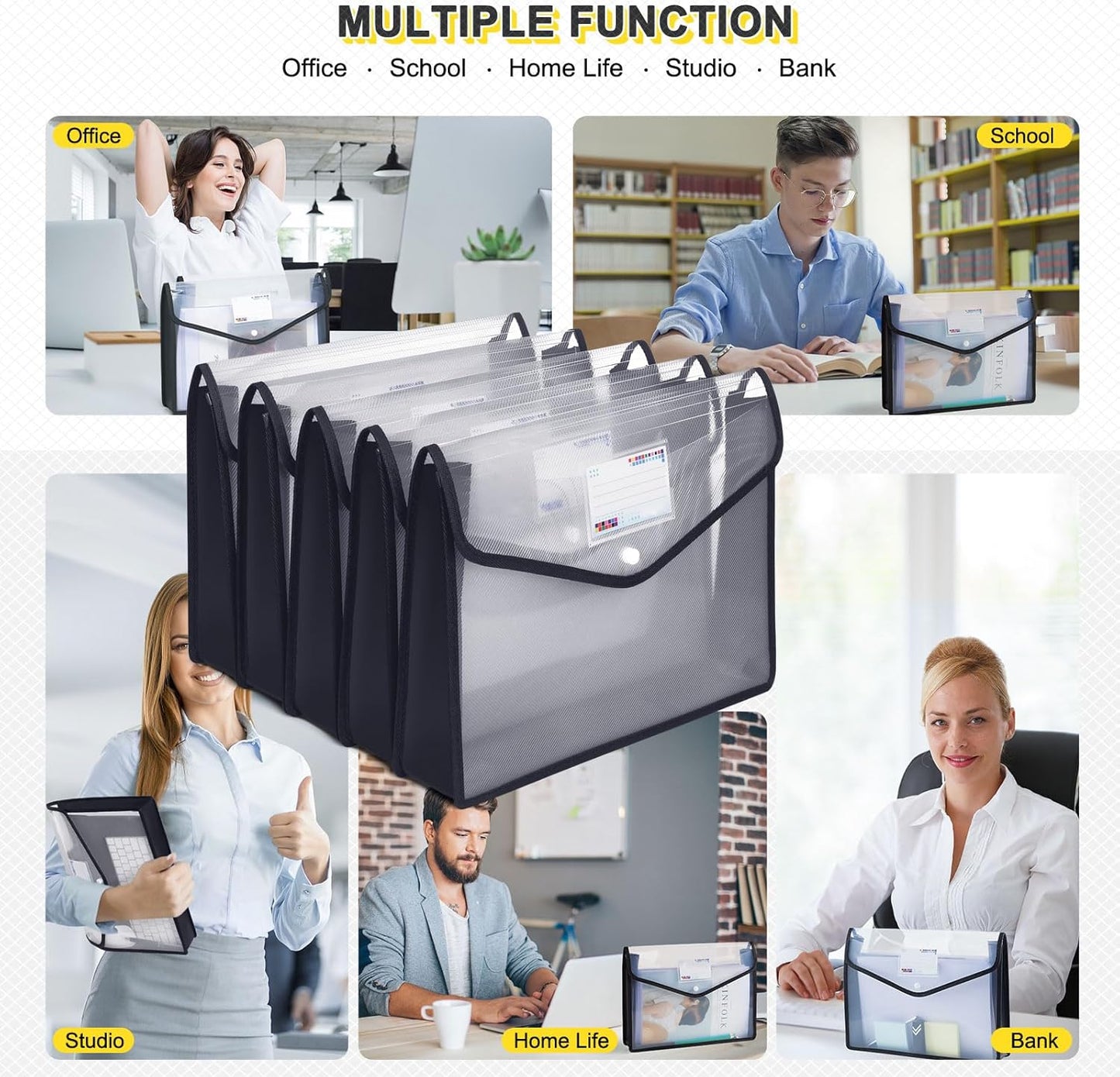 Plastic File Folders, Waterproof Transparent Expandable File Organiser, Portable Large Capacity A4B4 File Wallet for Office/Business/School (5 Pack)