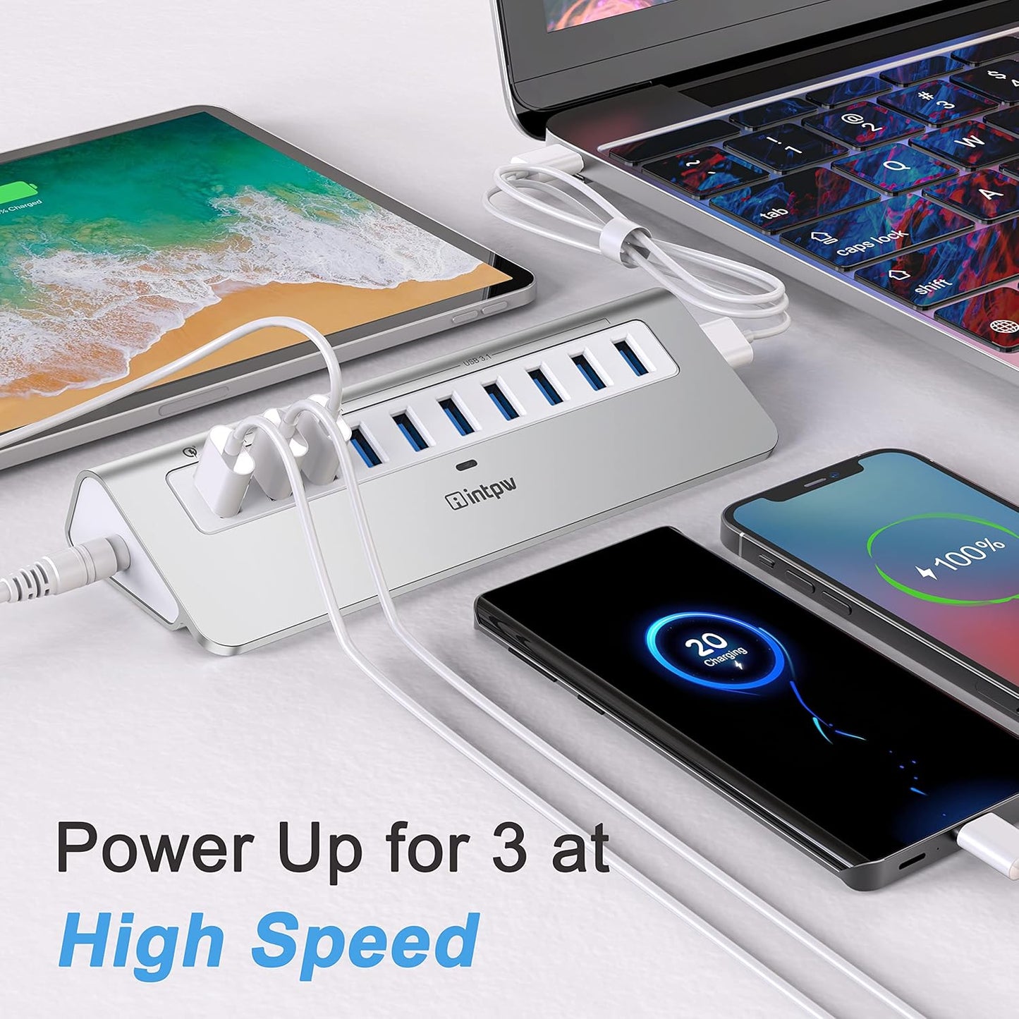 Powered USB Hub 10Gbps, 10 Port USB 3.1 Gen 2 Hub with 7 USB 3.1 Data Ports, 3 Fast Charging Ports, 36W Power Adapter, Type A and Type C Cable, Aluminum USB Data Hub for Mac, PC, Laptop