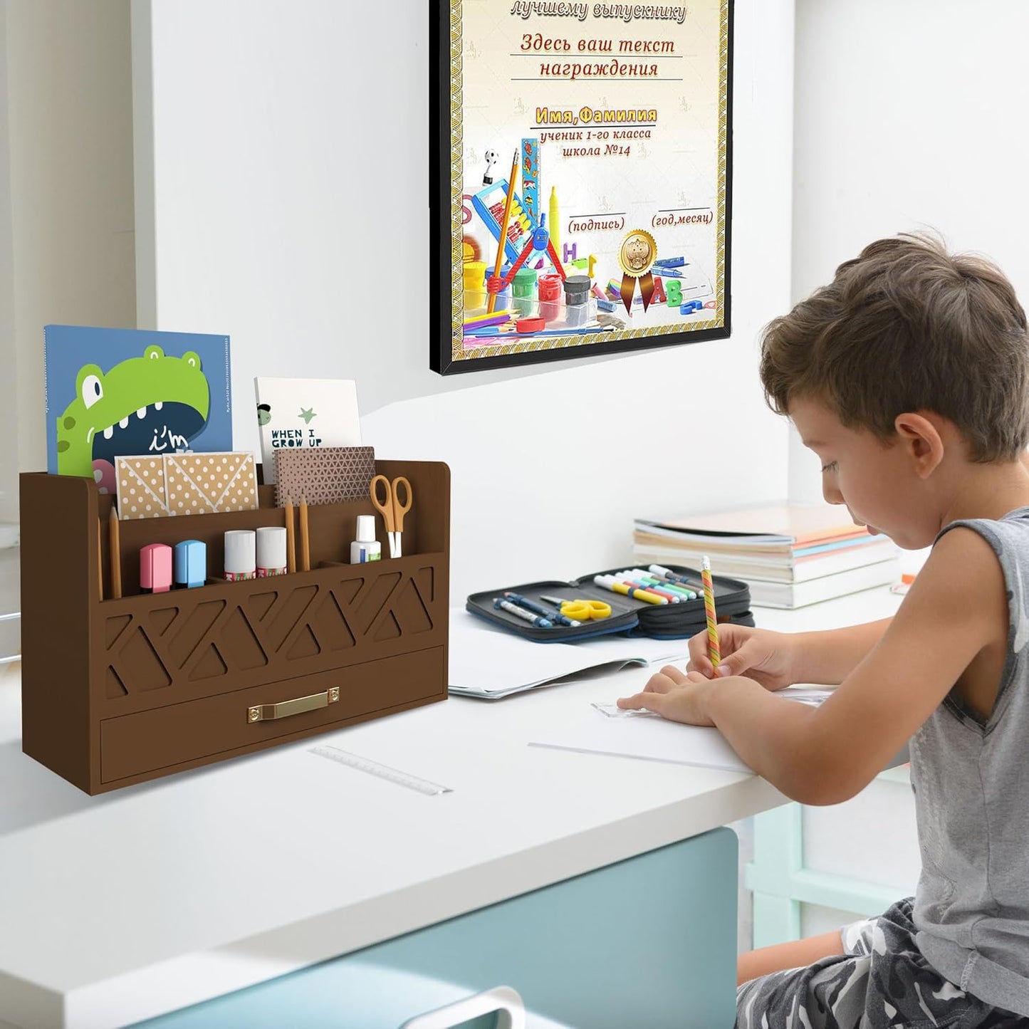 Bamboo Mail Organizer Countertop Wood Desk Organizer Drawer Tabletop Storage Box Letter Sorter Makeup Organizer for School Home Office Supplies Brown