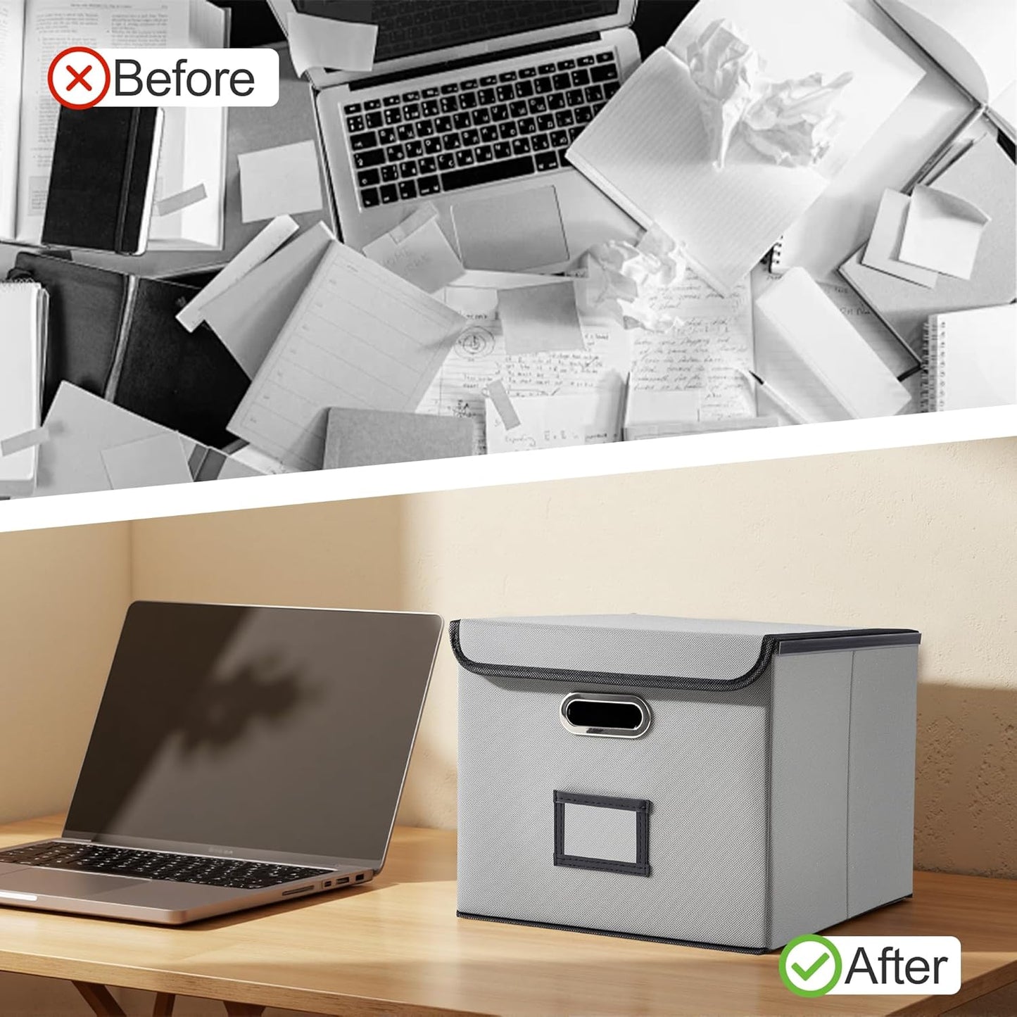 File Organizer Box, Linen Filing Organizer with Lid, Large Desktop File Boxes, Light Grey,2 Pack