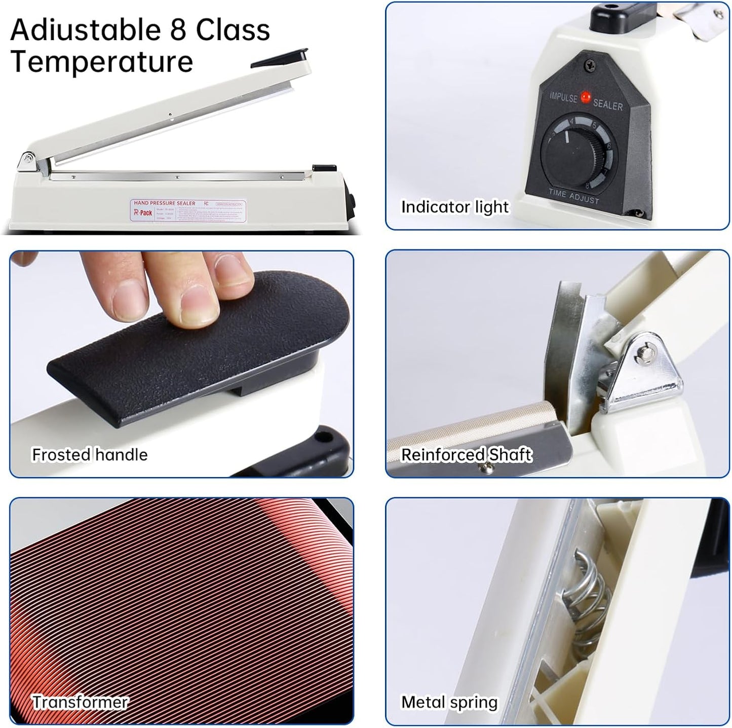 Impulse Heat Sealer with Seal bar, Heavy-Duty Bag Sealing & Cutting Machine, 2 Extra Replacements (white, 12inch)