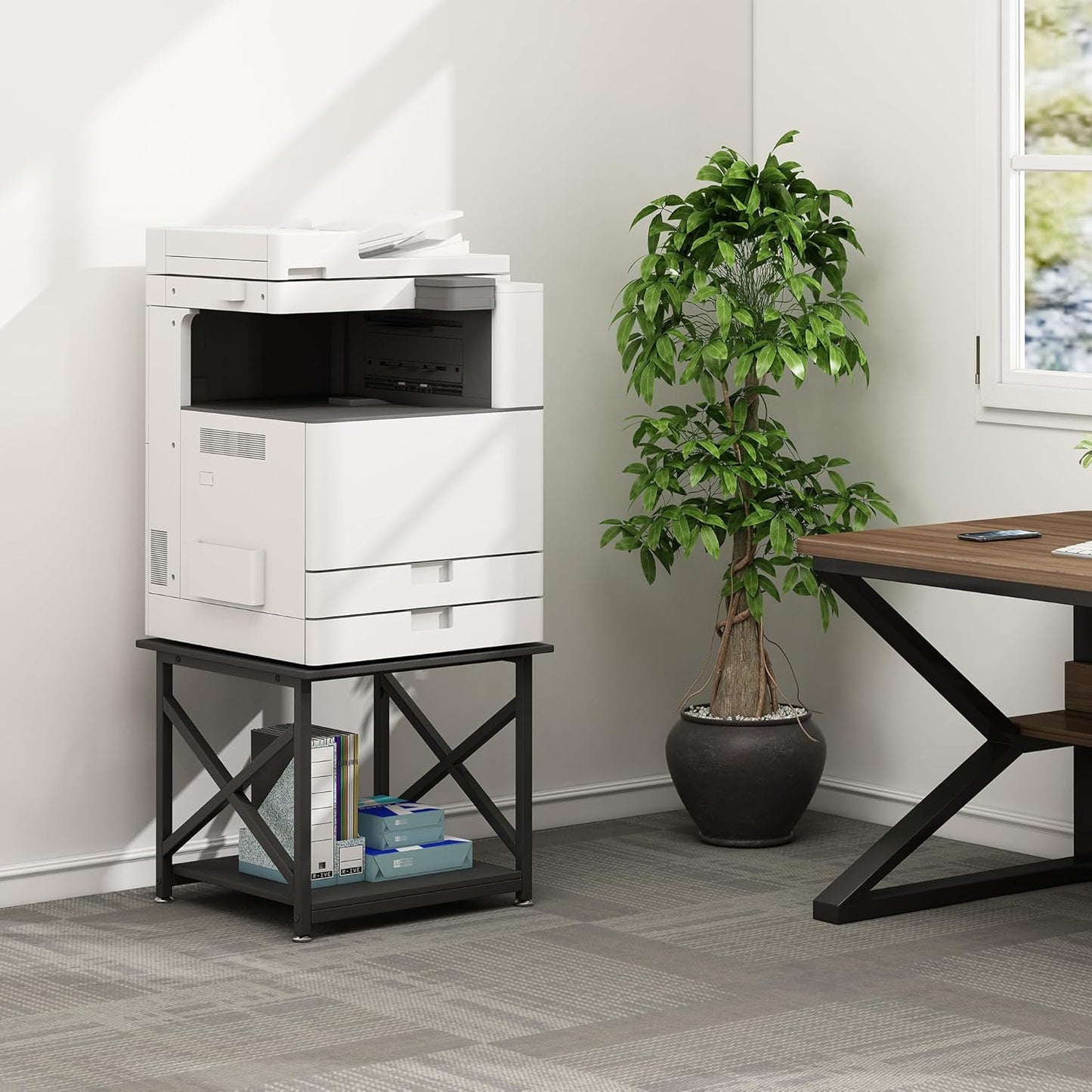 2 Tier Large Printer Stand, 23.6 x 23.6 x 22.6 Inches Square Printer Table with Storage Shelf, Rolling Printer Cart with Industrial Wheels for Home Office, Mini Fridge Stand Table - Black