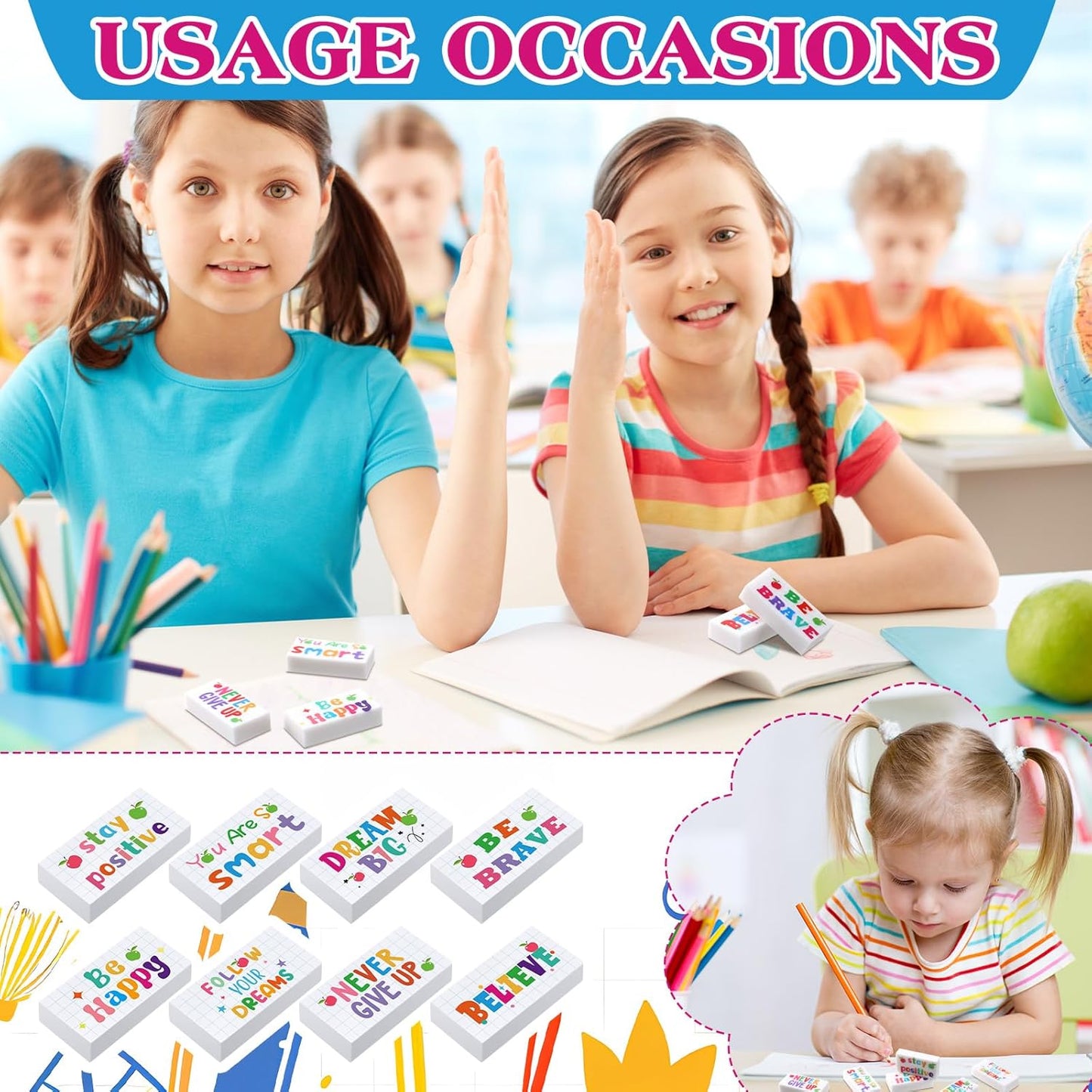 100 Pcs Inspirational Pencil Erasers Bulk for Kids Fun Motivational Eraser School Supplies Back to School Office Supplies for Classroom Office Teacher Artists (Lovely)